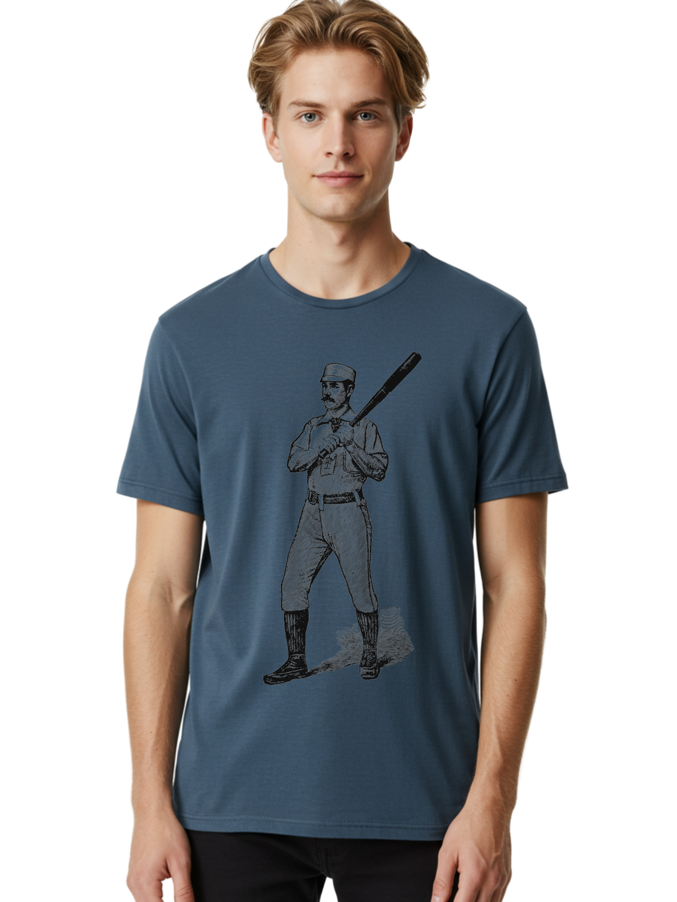 The Vintage Swing Men'S Graphic Tee, 100% Cotton, Comfortable Casual Summer Wear, Machine Washable, Vintage Baseball Player, Old-Fashioned Uniform, Retro Baseball Style, Classic Baseball Illustration, Holding Baseball Bat, Mustachioed Man, Aae725 16
