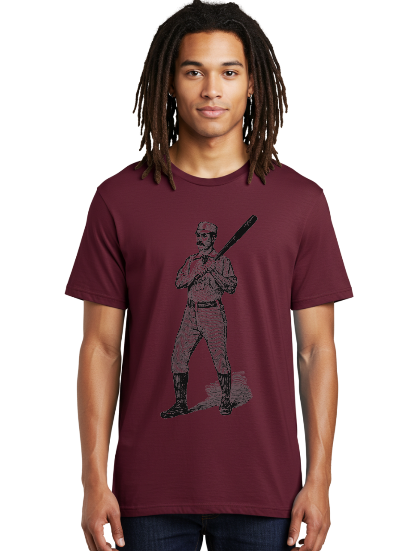 The Vintage Swing Men'S Graphic Tee, 100% Cotton, Comfortable Casual Summer Wear, Machine Washable, Vintage Baseball Player, Old-Fashioned Uniform, Retro Baseball Style, Classic Baseball Illustration, Holding Baseball Bat, Mustachioed Man, Aae725 30