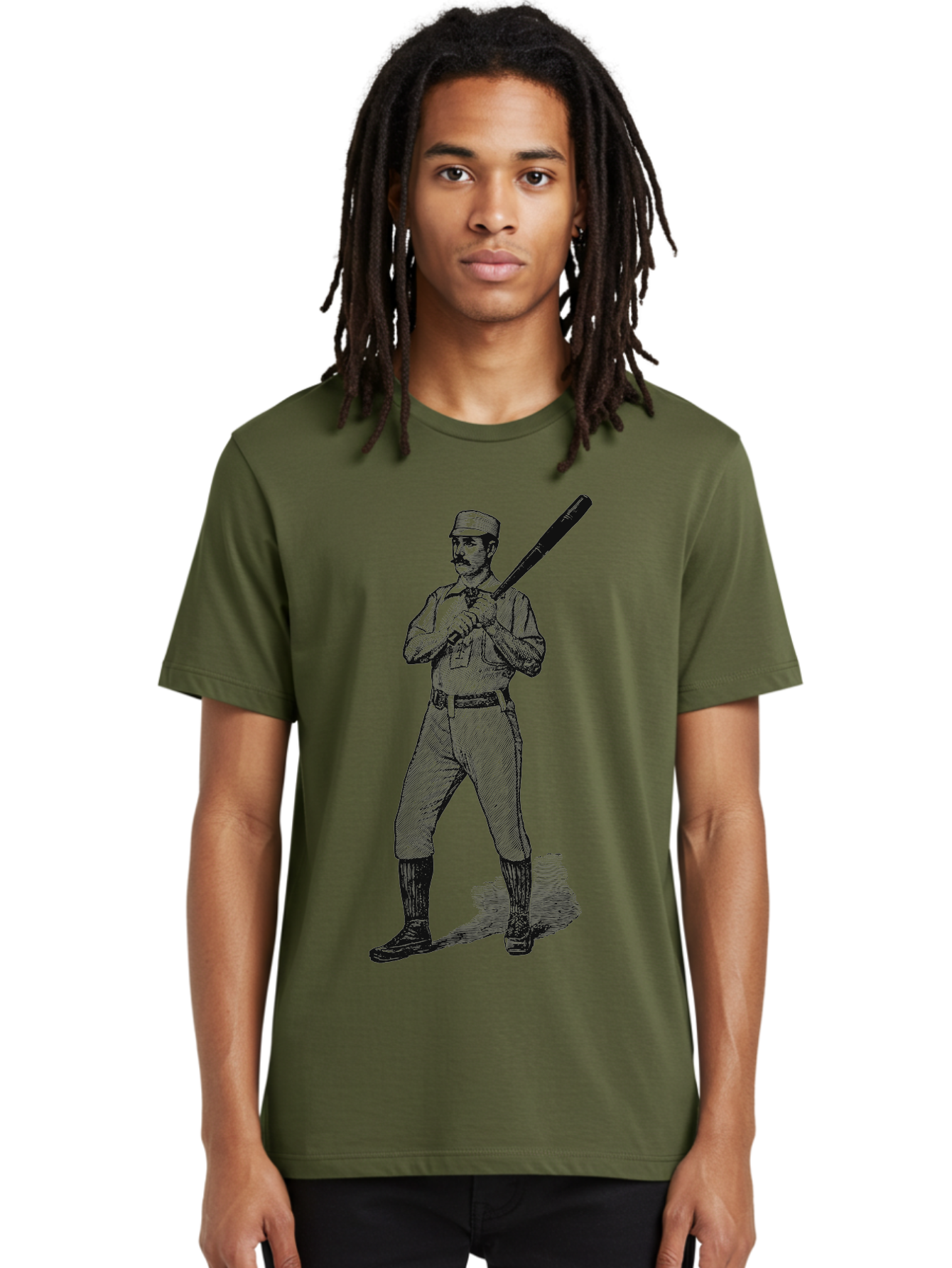 The Vintage Swing Men'S Graphic Tee, 100% Cotton, Comfortable Casual Summer Wear, Machine Washable, Vintage Baseball Player, Old-Fashioned Uniform, Retro Baseball Style, Classic Baseball Illustration, Holding Baseball Bat, Mustachioed Man, Aae725 28