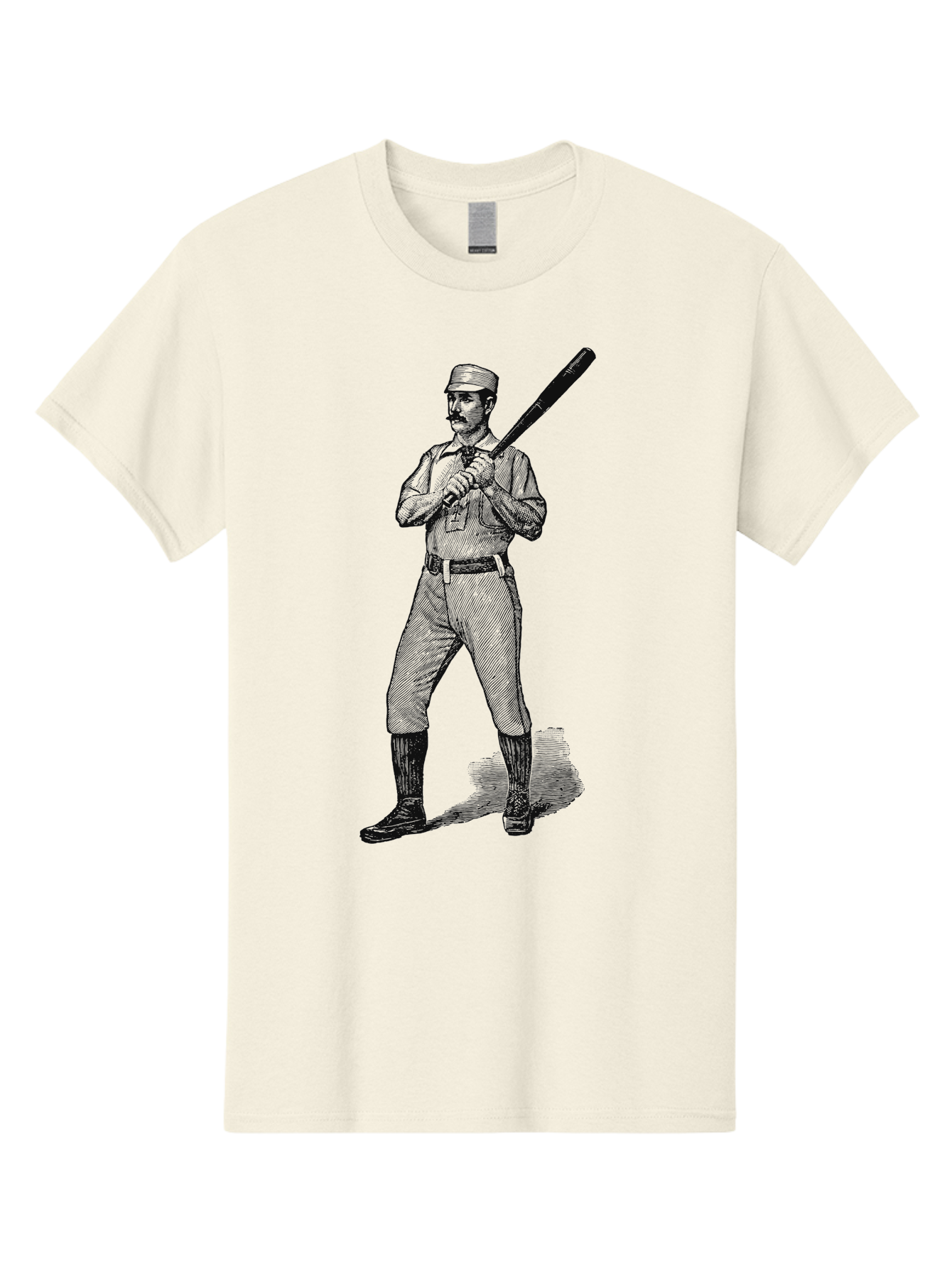 The Vintage Swing Men'S Graphic Tee, 100% Cotton, Comfortable Casual Summer Wear, Machine Washable, Vintage Baseball Player, Old-Fashioned Uniform, Retro Baseball Style, Classic Baseball Illustration, Holding Baseball Bat, Mustachioed Man, Aae725 3
