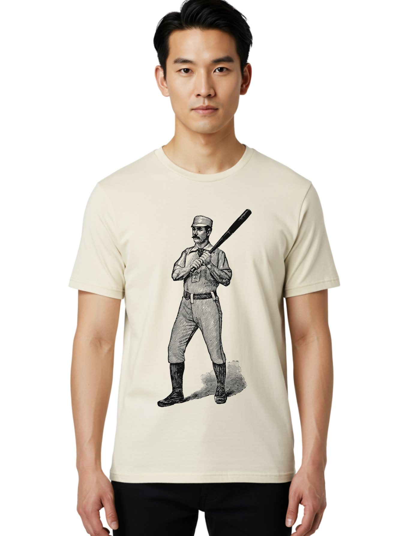 The Vintage Swing Men'S Graphic Tee, 100% Cotton, Comfortable Casual Summer Wear, Machine Washable, Vintage Baseball Player, Old-Fashioned Uniform, Retro Baseball Style, Classic Baseball Illustration, Holding Baseball Bat, Mustachioed Man, Aae725 4