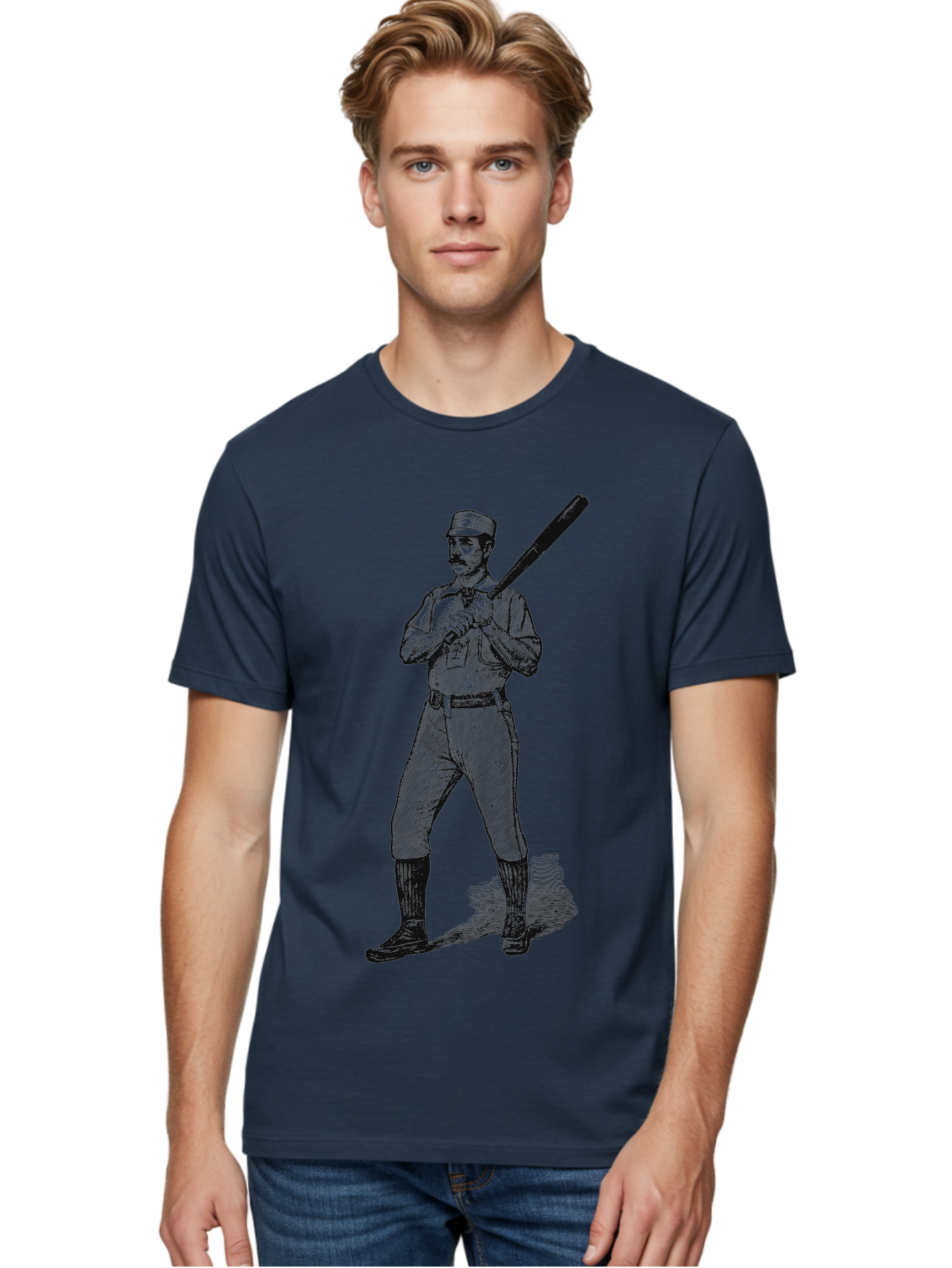 The Vintage Swing Men'S Graphic Tee, 100% Cotton, Comfortable Casual Summer Wear, Machine Washable, Vintage Baseball Player, Old-Fashioned Uniform, Retro Baseball Style, Classic Baseball Illustration, Holding Baseball Bat, Mustachioed Man, Aae725 8