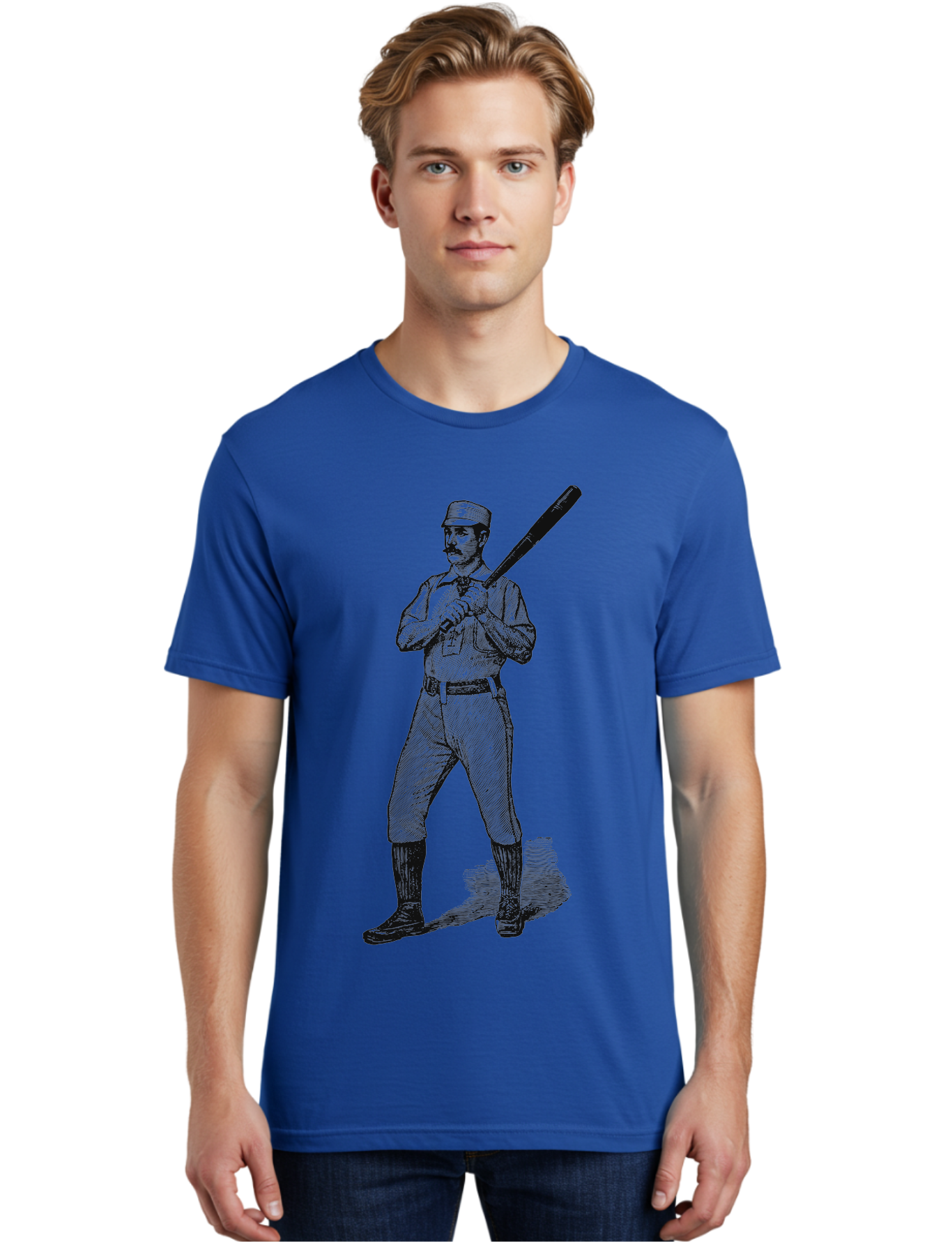 The Vintage Swing Men'S Graphic Tee, 100% Cotton, Comfortable Casual Summer Wear, Machine Washable, Vintage Baseball Player, Old-Fashioned Uniform, Retro Baseball Style, Classic Baseball Illustration, Holding Baseball Bat, Mustachioed Man, Aae725 18