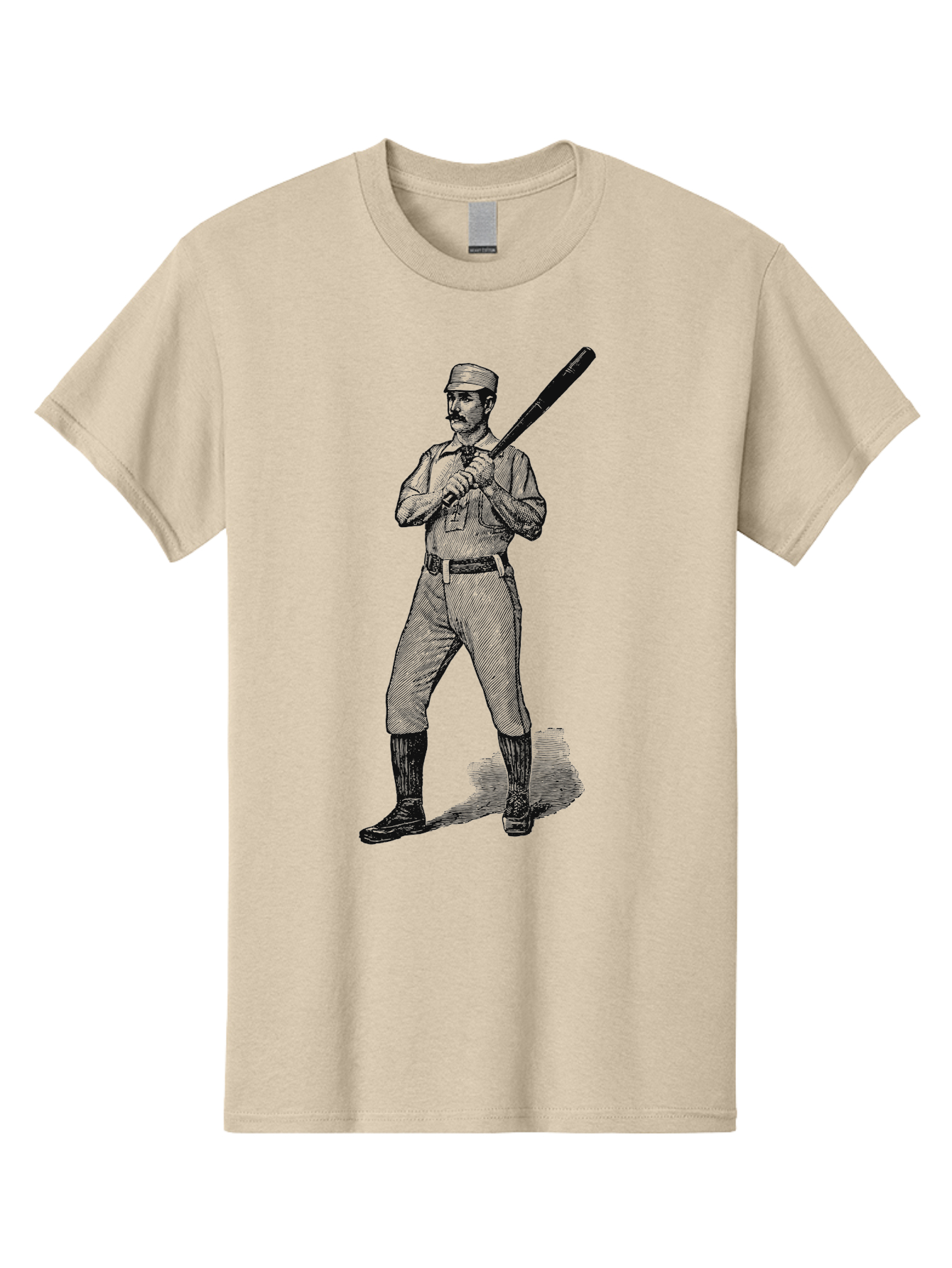 The Vintage Swing Men'S Graphic Tee, 100% Cotton, Comfortable Casual Summer Wear, Machine Washable, Vintage Baseball Player, Old-Fashioned Uniform, Retro Baseball Style, Classic Baseball Illustration, Holding Baseball Bat, Mustachioed Man, Aae725 19