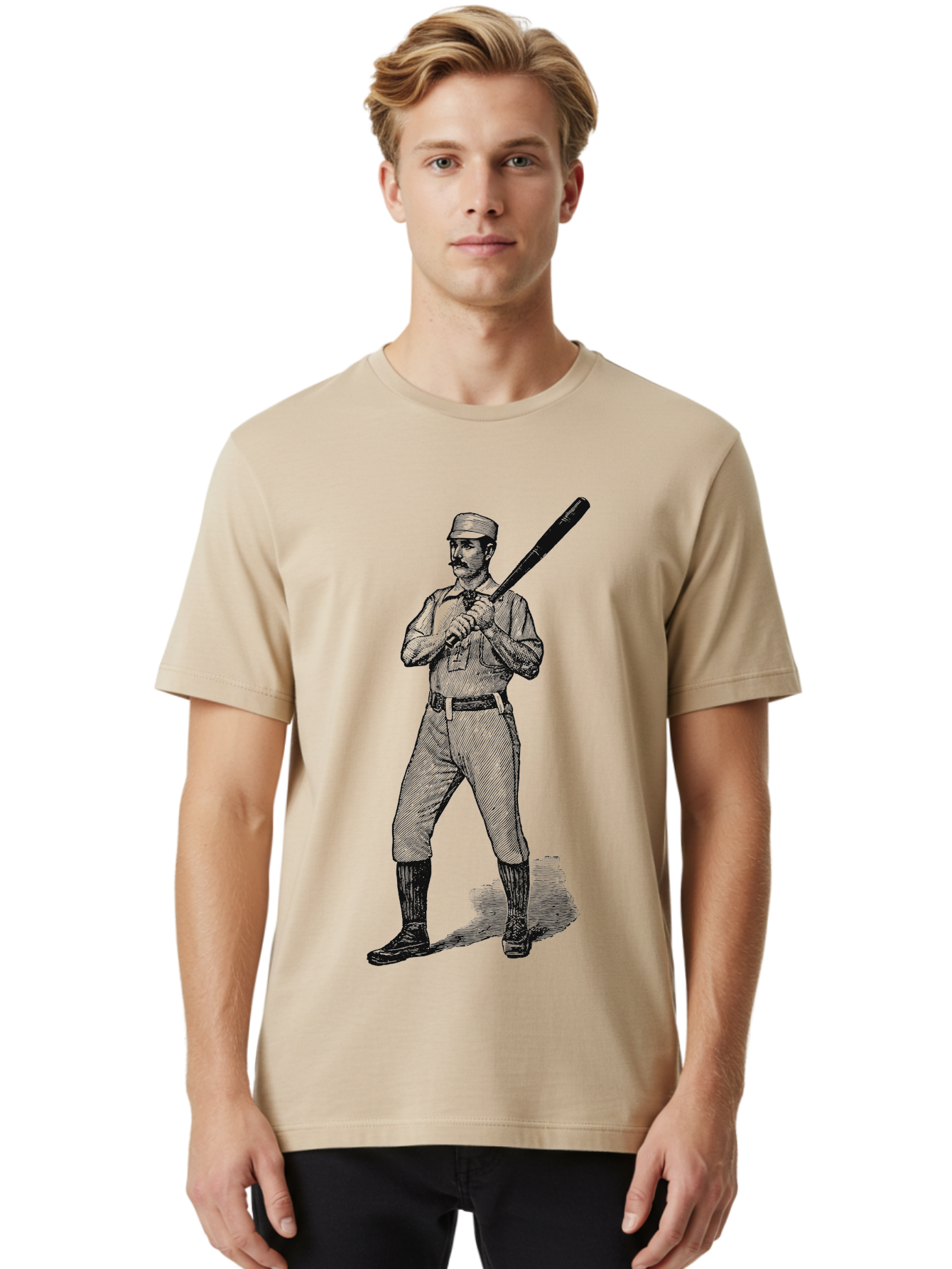 The Vintage Swing Men'S Graphic Tee, 100% Cotton, Comfortable Casual Summer Wear, Machine Washable, Vintage Baseball Player, Old-Fashioned Uniform, Retro Baseball Style, Classic Baseball Illustration, Holding Baseball Bat, Mustachioed Man, Aae725 20