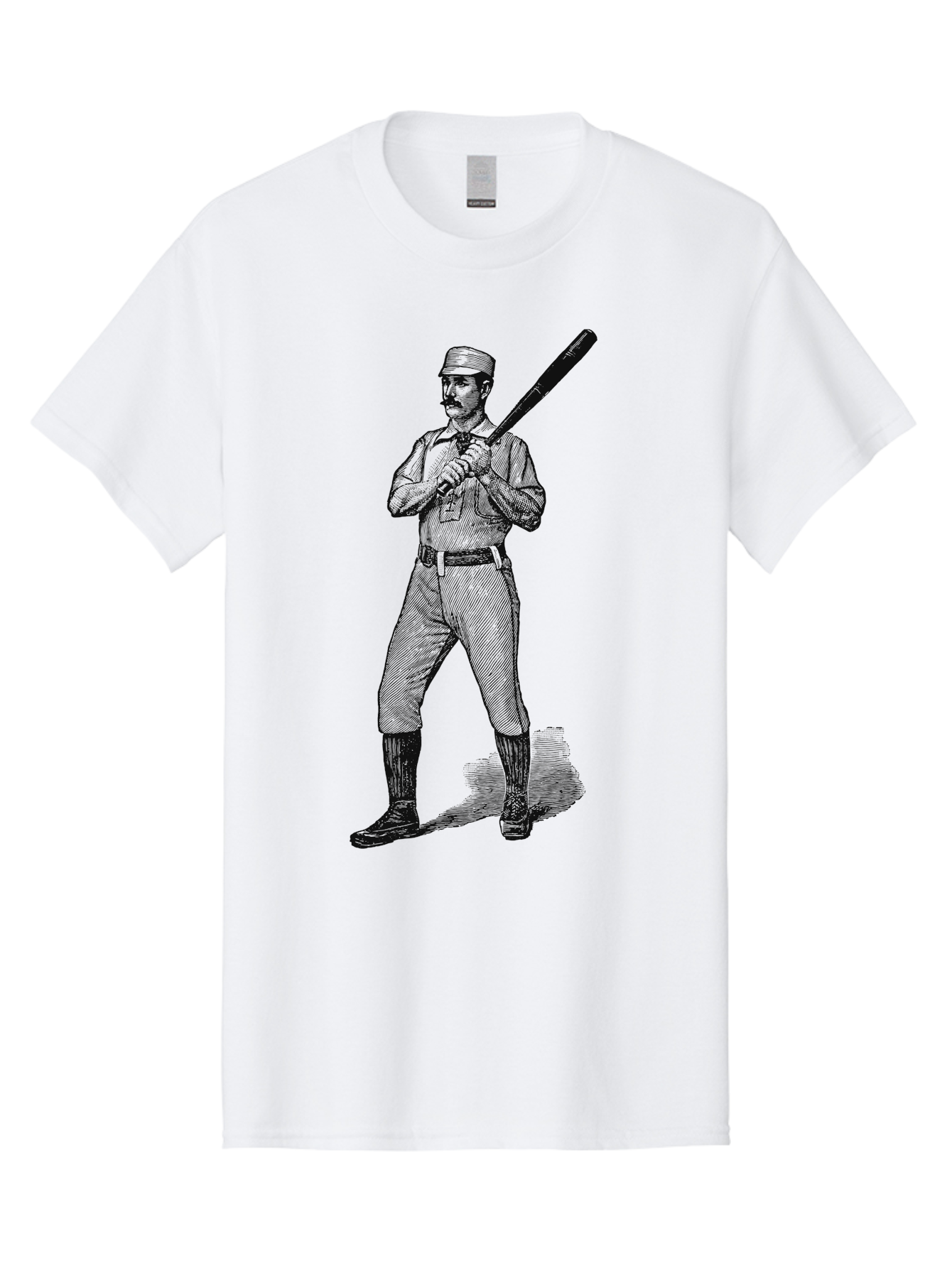 The Vintage Swing Men'S Graphic Tee, 100% Cotton, Comfortable Casual Summer Wear, Machine Washable, Vintage Baseball Player, Old-Fashioned Uniform, Retro Baseball Style, Classic Baseball Illustration, Holding Baseball Bat, Mustachioed Man, Aae725 23