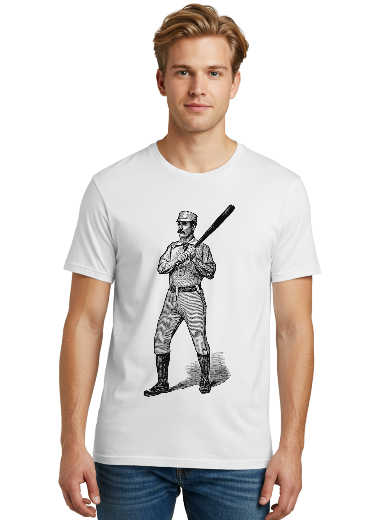 The Vintage Swing Men'S Graphic Tee, 100% Cotton, Comfortable Casual Summer Wear, Machine Washable, Vintage Baseball Player, Old-Fashioned Uniform, Retro Baseball Style, Classic Baseball Illustration, Holding Baseball Bat, Mustachioed Man, Aae725 24