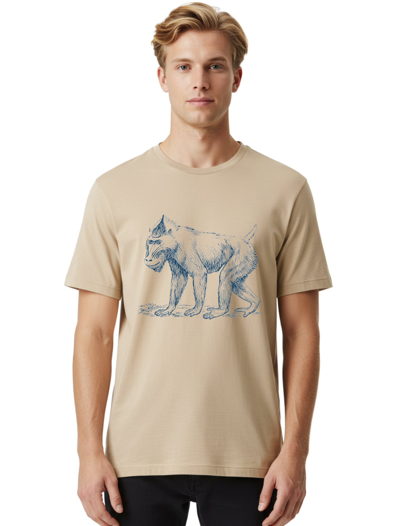 Tribal Ape Men'S Graphic Tee, 100% Cotton, Comfortable Casual Summer Wear, Machine Washable, Pen Drawing Of Baboon, Primate Illustration, Animal Art, Wildlife Graphic, Creature Design, Detailed Sketch Aae754 12