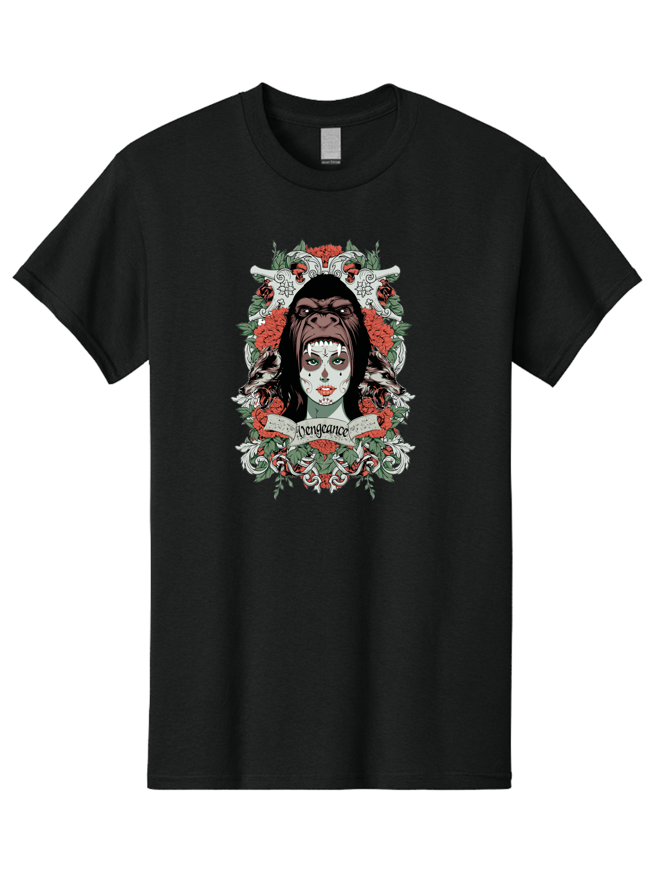 Vengeance Queen Men'S Graphic Tee, 100% Cotton, Comfortable Casual Summer Wear, Machine Washable, Gorilla Mask, Sugar Skull Design, Floral Wreath, Red Roses, Vengeance Banner, Crossbones, Gothic Style, Tattoo Art, Dark Illustration Aae769 9