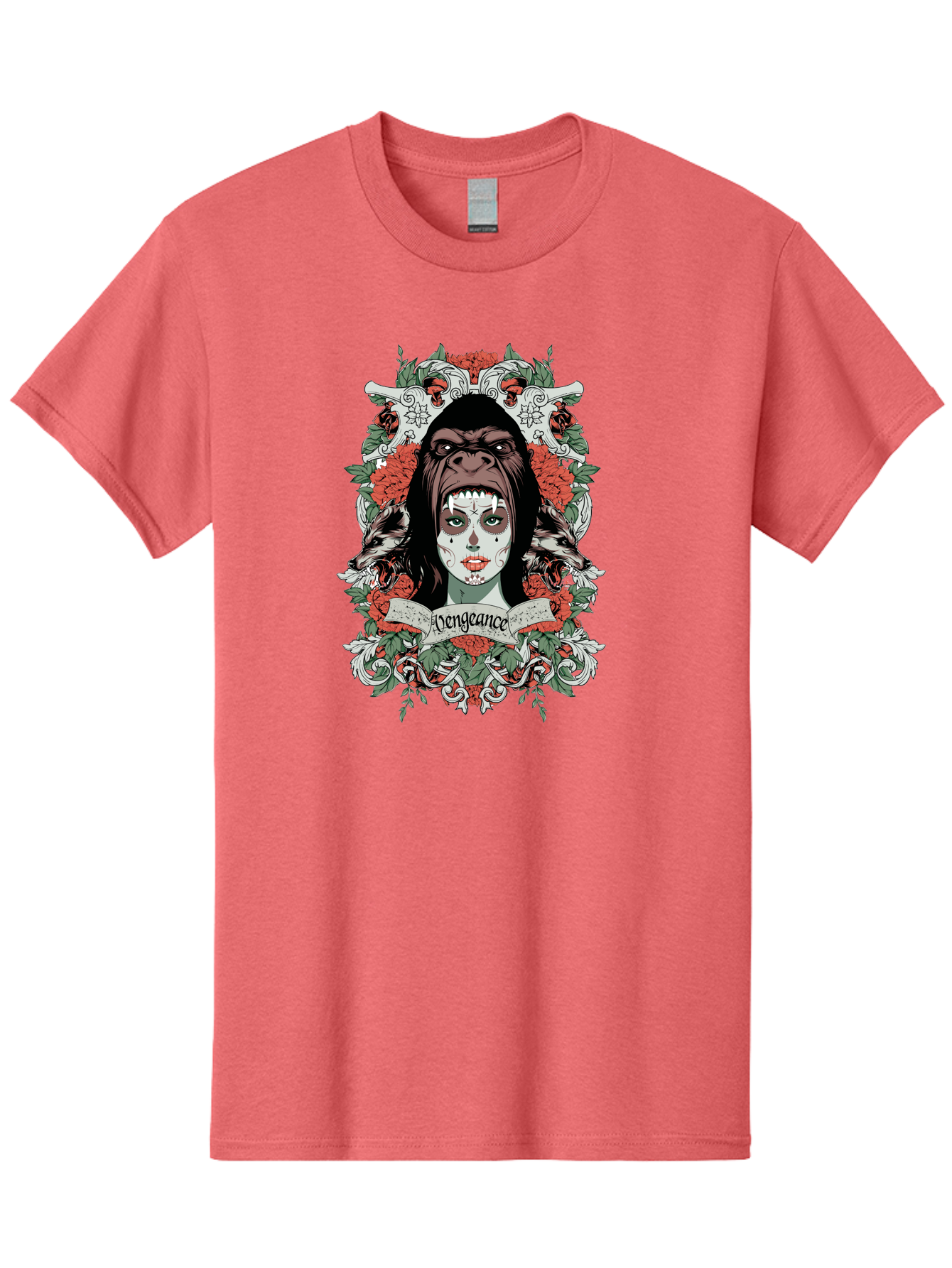 Vengeance Queen Men'S Graphic Tee, 100% Cotton, Comfortable Casual Summer Wear, Machine Washable, Gorilla Mask, Sugar Skull Design, Floral Wreath, Red Roses, Vengeance Banner, Crossbones, Gothic Style, Tattoo Art, Dark Illustration Aae769 11