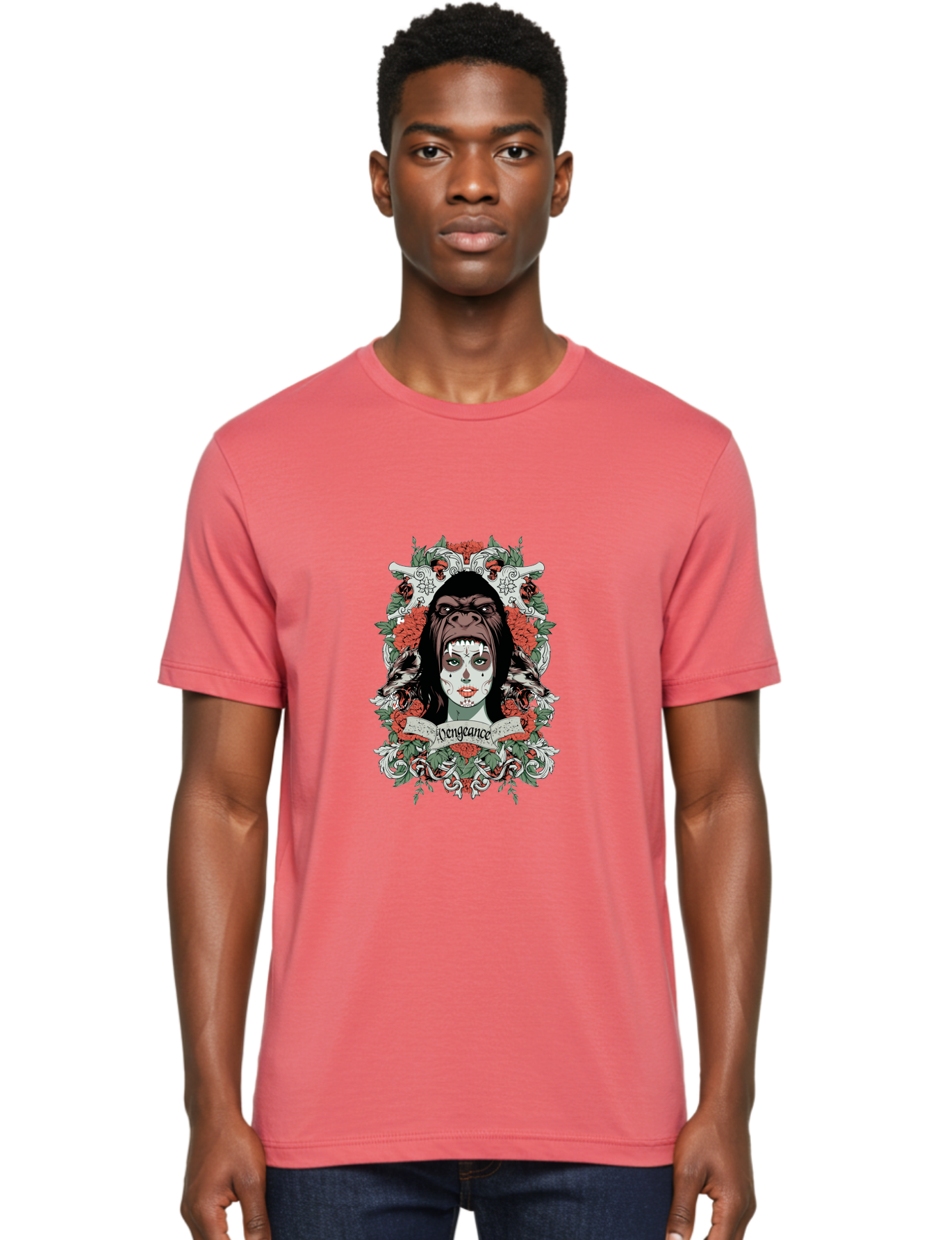 Vengeance Queen Men'S Graphic Tee, 100% Cotton, Comfortable Casual Summer Wear, Machine Washable, Gorilla Mask, Sugar Skull Design, Floral Wreath, Red Roses, Vengeance Banner, Crossbones, Gothic Style, Tattoo Art, Dark Illustration Aae769 12
