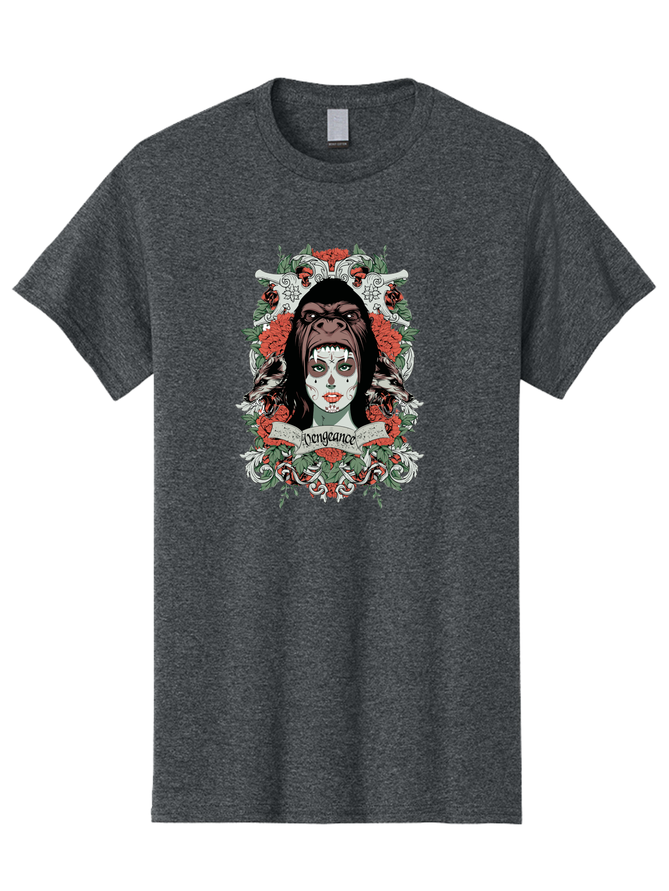 Vengeance Queen Men'S Graphic Tee, 100% Cotton, Comfortable Casual Summer Wear, Machine Washable, Gorilla Mask, Sugar Skull Design, Floral Wreath, Red Roses, Vengeance Banner, Crossbones, Gothic Style, Tattoo Art, Dark Illustration Aae769 21