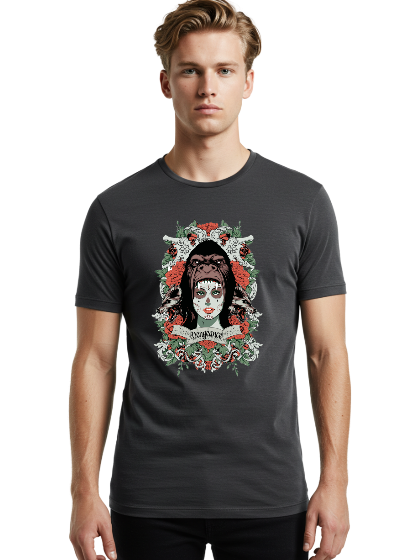 Vengeance Queen Men'S Graphic Tee, 100% Cotton, Comfortable Casual Summer Wear, Machine Washable, Gorilla Mask, Sugar Skull Design, Floral Wreath, Red Roses, Vengeance Banner, Crossbones, Gothic Style, Tattoo Art, Dark Illustration Aae769 22