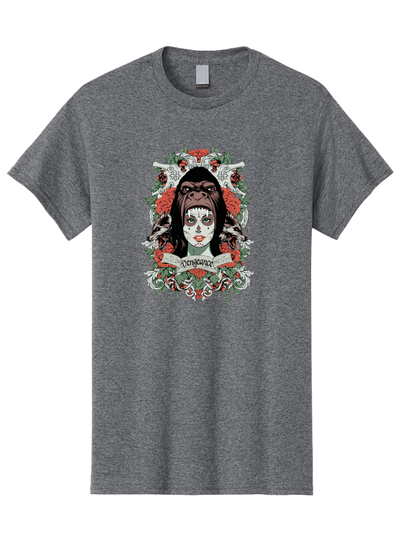 Vengeance Queen Men'S Graphic Tee, 100% Cotton, Comfortable Casual Summer Wear, Machine Washable, Gorilla Mask, Sugar Skull Design, Floral Wreath, Red Roses, Vengeance Banner, Crossbones, Gothic Style, Tattoo Art, Dark Illustration Aae769 3