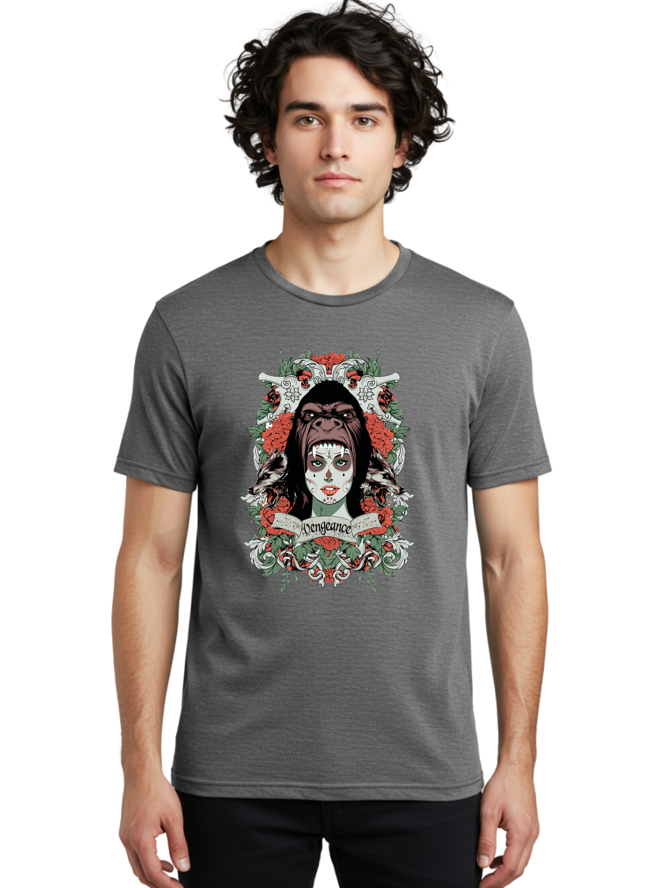 Vengeance Queen Men'S Graphic Tee, 100% Cotton, Comfortable Casual Summer Wear, Machine Washable, Gorilla Mask, Sugar Skull Design, Floral Wreath, Red Roses, Vengeance Banner, Crossbones, Gothic Style, Tattoo Art, Dark Illustration Aae769 4