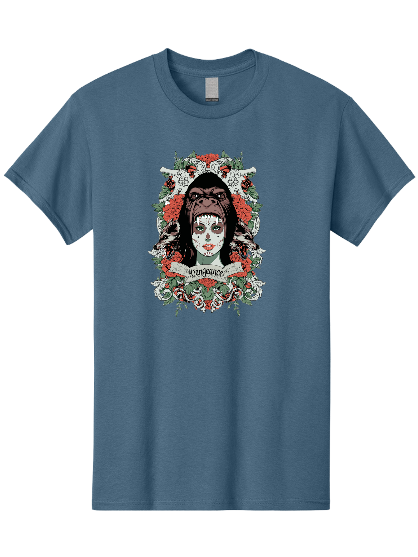 Vengeance Queen Men'S Graphic Tee, 100% Cotton, Comfortable Casual Summer Wear, Machine Washable, Gorilla Mask, Sugar Skull Design, Floral Wreath, Red Roses, Vengeance Banner, Crossbones, Gothic Style, Tattoo Art, Dark Illustration Aae769 13