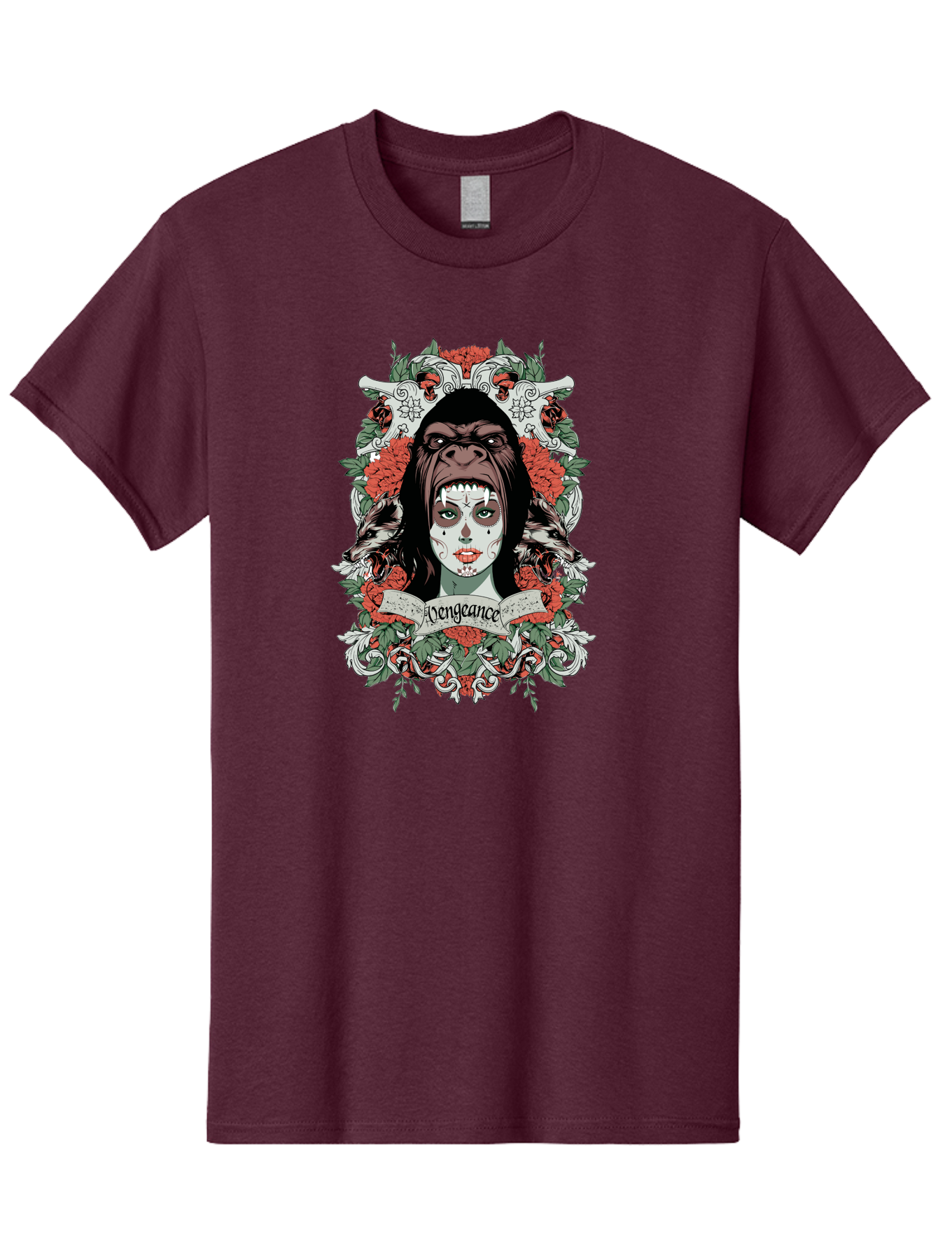 Vengeance Queen Men'S Graphic Tee, 100% Cotton, Comfortable Casual Summer Wear, Machine Washable, Gorilla Mask, Sugar Skull Design, Floral Wreath, Red Roses, Vengeance Banner, Crossbones, Gothic Style, Tattoo Art, Dark Illustration Aae769 15