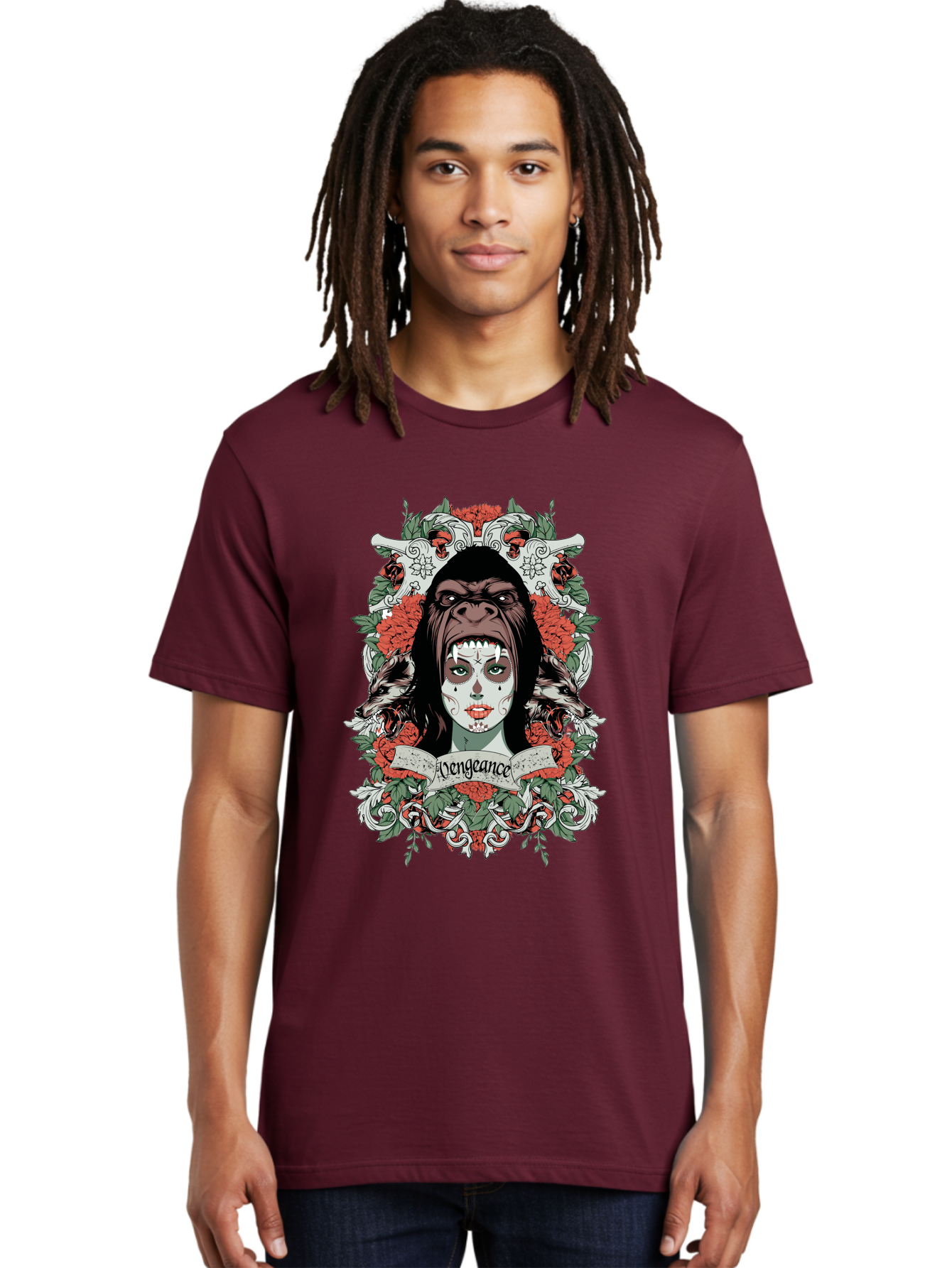 Vengeance Queen Men'S Graphic Tee, 100% Cotton, Comfortable Casual Summer Wear, Machine Washable, Gorilla Mask, Sugar Skull Design, Floral Wreath, Red Roses, Vengeance Banner, Crossbones, Gothic Style, Tattoo Art, Dark Illustration Aae769 16