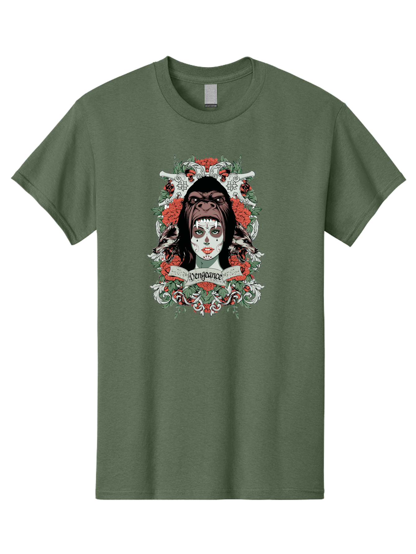 Vengeance Queen Men'S Graphic Tee, 100% Cotton, Comfortable Casual Summer Wear, Machine Washable, Gorilla Mask, Sugar Skull Design, Floral Wreath, Red Roses, Vengeance Banner, Crossbones, Gothic Style, Tattoo Art, Dark Illustration Aae769 25