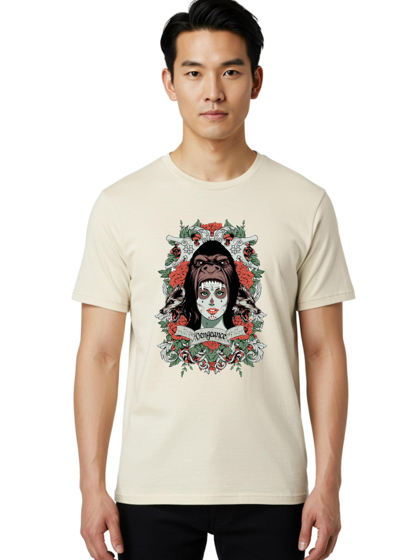 Vengeance Queen Men'S Graphic Tee, 100% Cotton, Comfortable Casual Summer Wear, Machine Washable, Gorilla Mask, Sugar Skull Design, Floral Wreath, Red Roses, Vengeance Banner, Crossbones, Gothic Style, Tattoo Art, Dark Illustration Aae769 8
