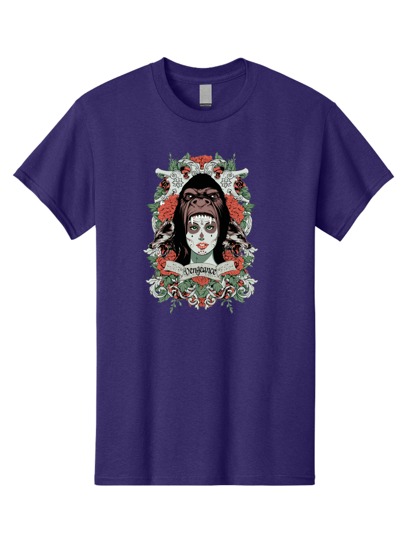 Vengeance Queen Men'S Graphic Tee, 100% Cotton, Comfortable Casual Summer Wear, Machine Washable, Gorilla Mask, Sugar Skull Design, Floral Wreath, Red Roses, Vengeance Banner, Crossbones, Gothic Style, Tattoo Art, Dark Illustration Aae769 19