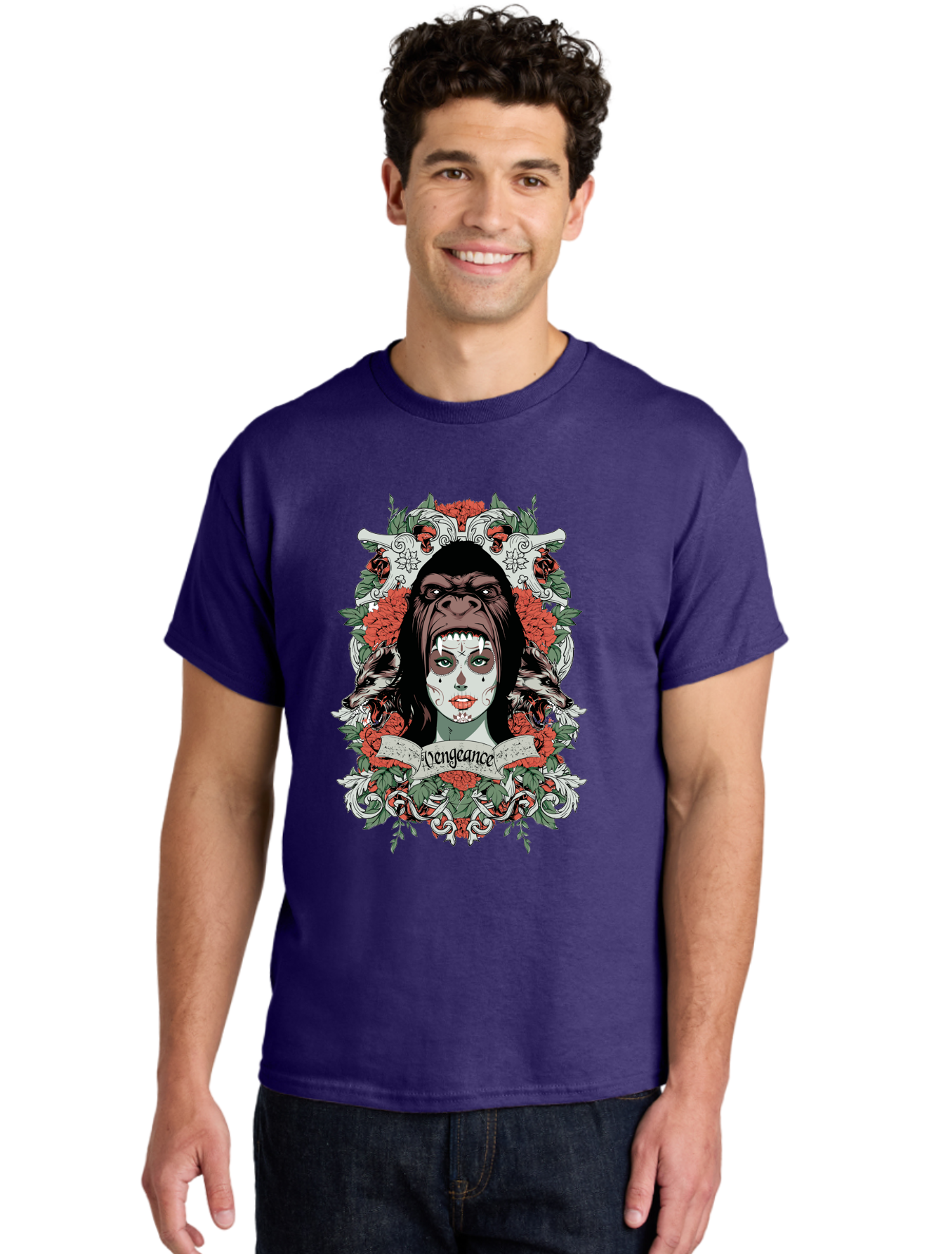 Vengeance Queen Men'S Graphic Tee, 100% Cotton, Comfortable Casual Summer Wear, Machine Washable, Gorilla Mask, Sugar Skull Design, Floral Wreath, Red Roses, Vengeance Banner, Crossbones, Gothic Style, Tattoo Art, Dark Illustration Aae769 20