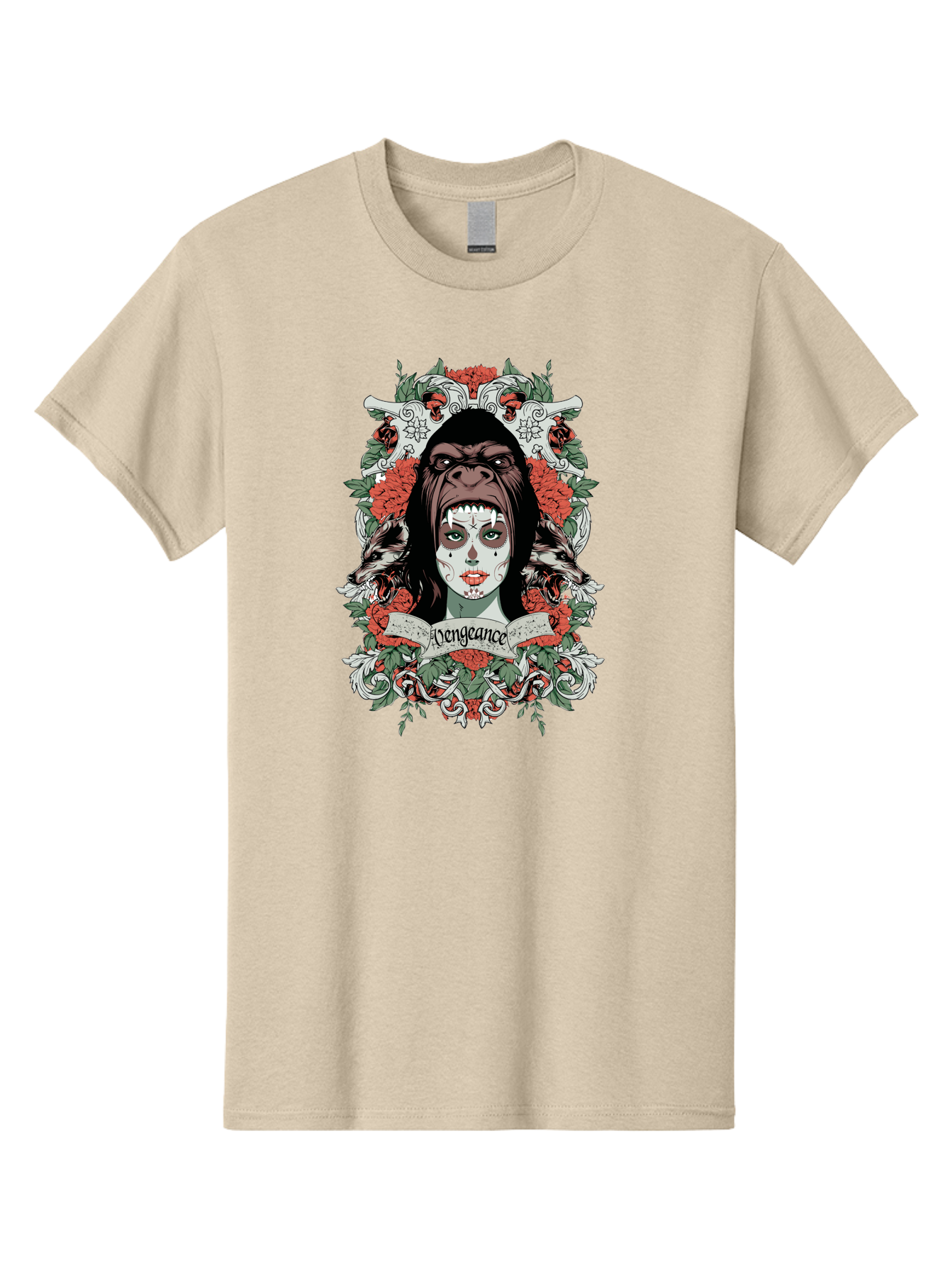 Vengeance Queen Men'S Graphic Tee, 100% Cotton, Comfortable Casual Summer Wear, Machine Washable, Gorilla Mask, Sugar Skull Design, Floral Wreath, Red Roses, Vengeance Banner, Crossbones, Gothic Style, Tattoo Art, Dark Illustration Aae769 29