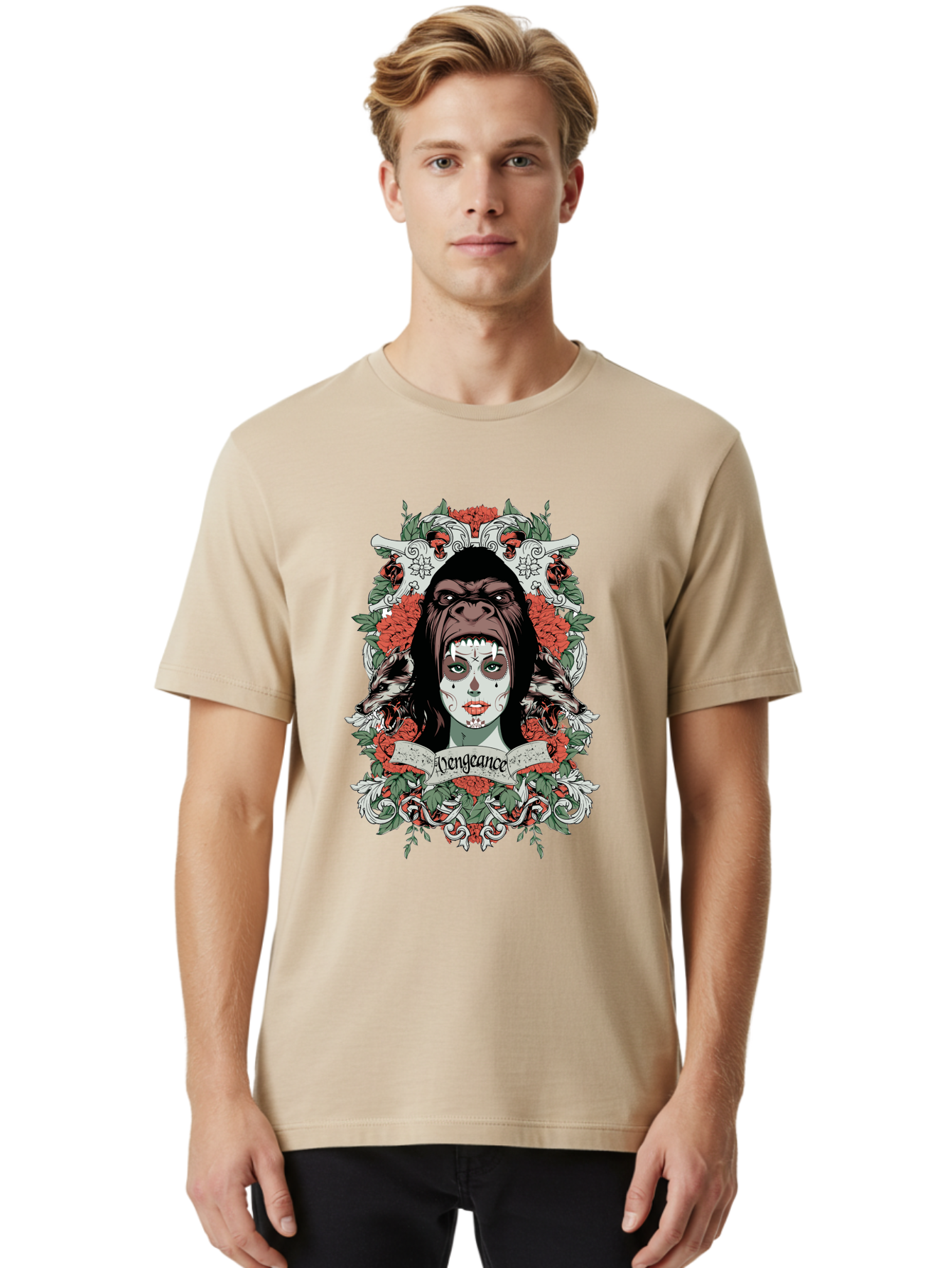 Vengeance Queen Men'S Graphic Tee, 100% Cotton, Comfortable Casual Summer Wear, Machine Washable, Gorilla Mask, Sugar Skull Design, Floral Wreath, Red Roses, Vengeance Banner, Crossbones, Gothic Style, Tattoo Art, Dark Illustration Aae769 30