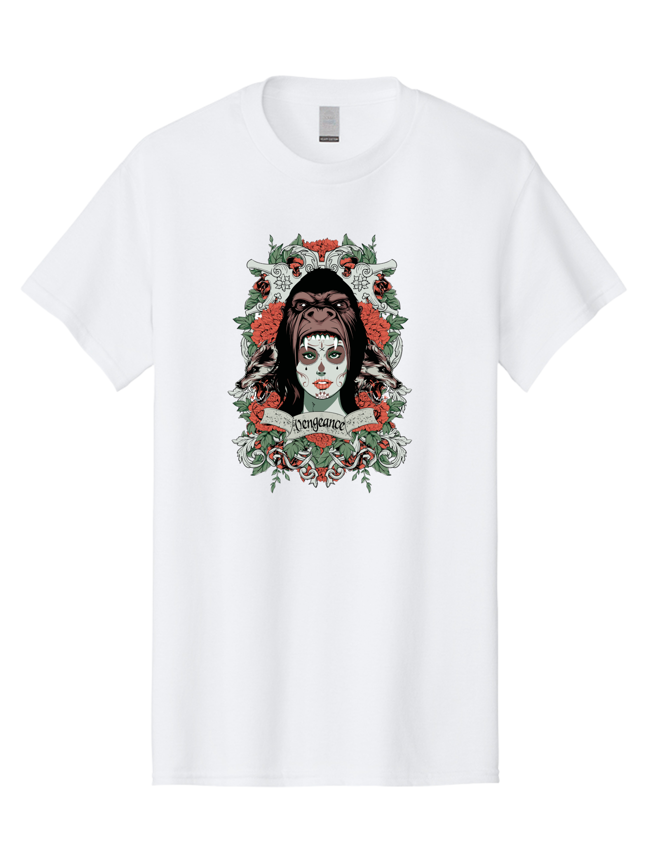 Vengeance Queen Men'S Graphic Tee, 100% Cotton, Comfortable Casual Summer Wear, Machine Washable, Gorilla Mask, Sugar Skull Design, Floral Wreath, Red Roses, Vengeance Banner, Crossbones, Gothic Style, Tattoo Art, Dark Illustration Aae769 23