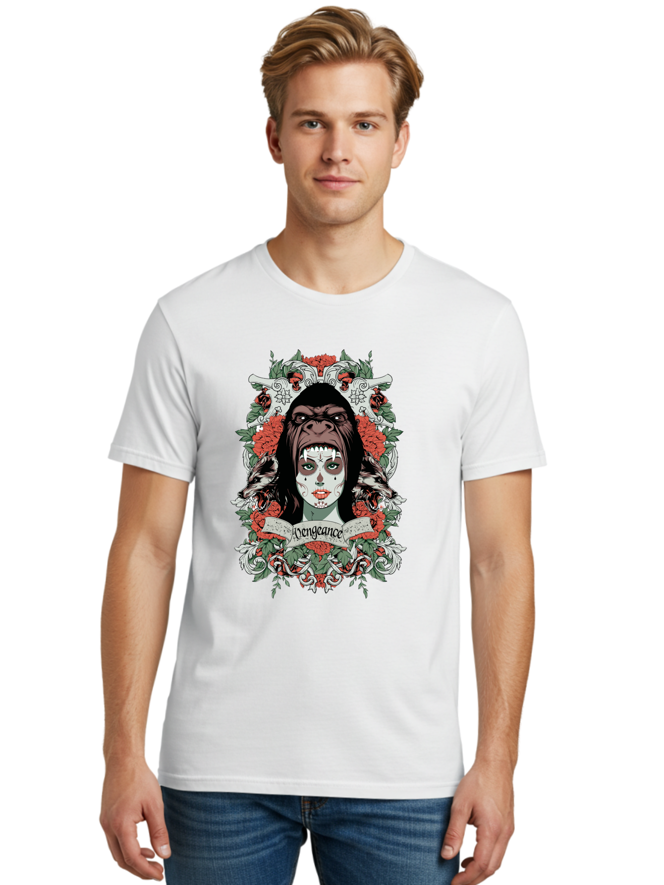 Vengeance Queen Men'S Graphic Tee, 100% Cotton, Comfortable Casual Summer Wear, Machine Washable, Gorilla Mask, Sugar Skull Design, Floral Wreath, Red Roses, Vengeance Banner, Crossbones, Gothic Style, Tattoo Art, Dark Illustration Aae769 24