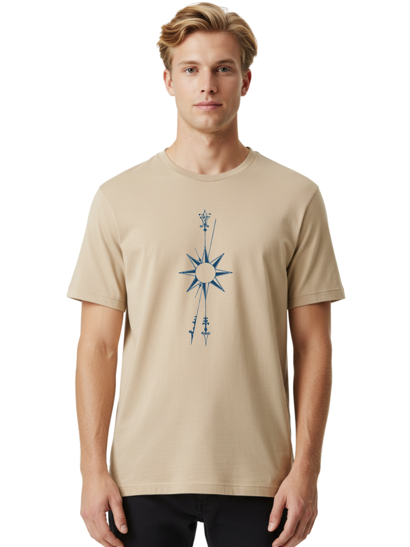 Vertical Compass Rose Men'S Graphic Tee, 100% Cotton, Comfortable Casual Summer Wear, Machine Washable, Stylish Star Emblem, Symmetrical Design, Floral Pattern, Modern Graphics, Abstract Art, Decorative Elements, Minimalist Style Aae771 12