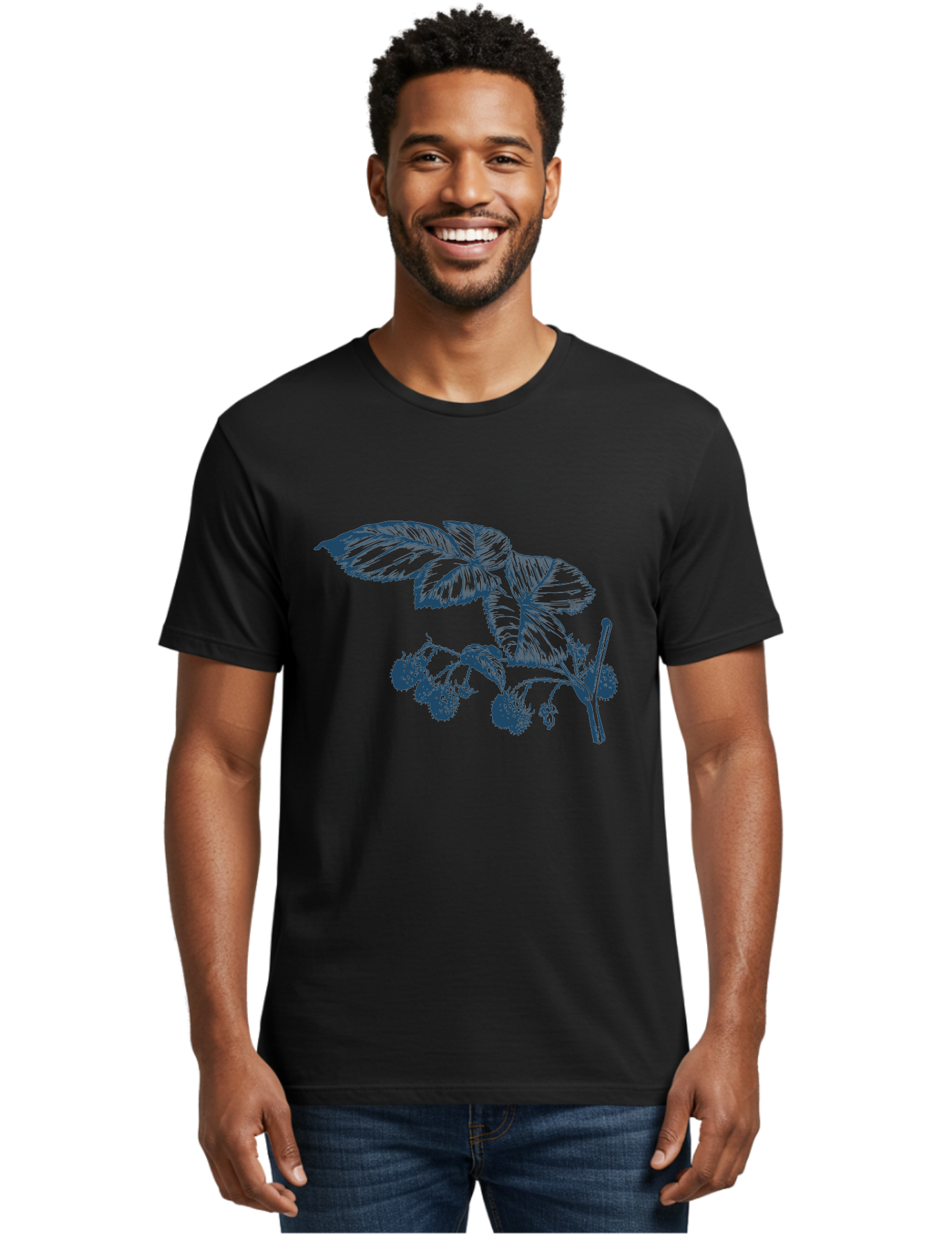 Vintage Berry Branch Men'S Graphic Tee, 100% Cotton, Comfortable Casual Summer Wear, Machine Washable, Blackberry Branch, Ripe Blackberries, Leaves And Fruit, Botanical Illustration, Detailed Drawing, Dark Blue Ink, Summer Harvest, Aae785 6