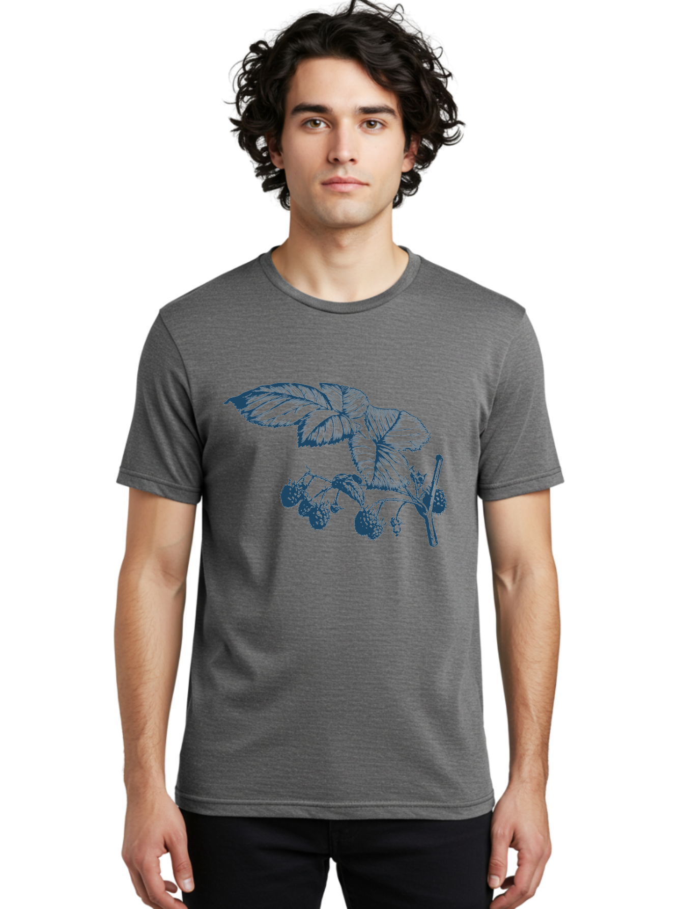 Vintage Berry Branch Men'S Graphic Tee, 100% Cotton, Comfortable Casual Summer Wear, Machine Washable, Blackberry Branch, Ripe Blackberries, Leaves And Fruit, Botanical Illustration, Detailed Drawing, Dark Blue Ink, Summer Harvest, Aae785 8