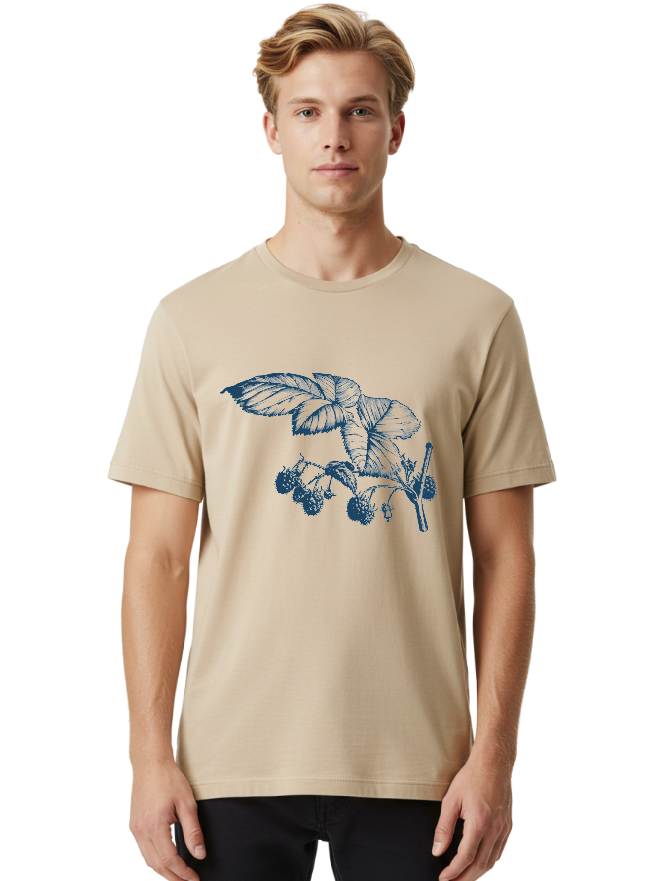 Vintage Berry Branch Men'S Graphic Tee, 100% Cotton, Comfortable Casual Summer Wear, Machine Washable, Blackberry Branch, Ripe Blackberries, Leaves And Fruit, Botanical Illustration, Detailed Drawing, Dark Blue Ink, Summer Harvest, Aae785 28