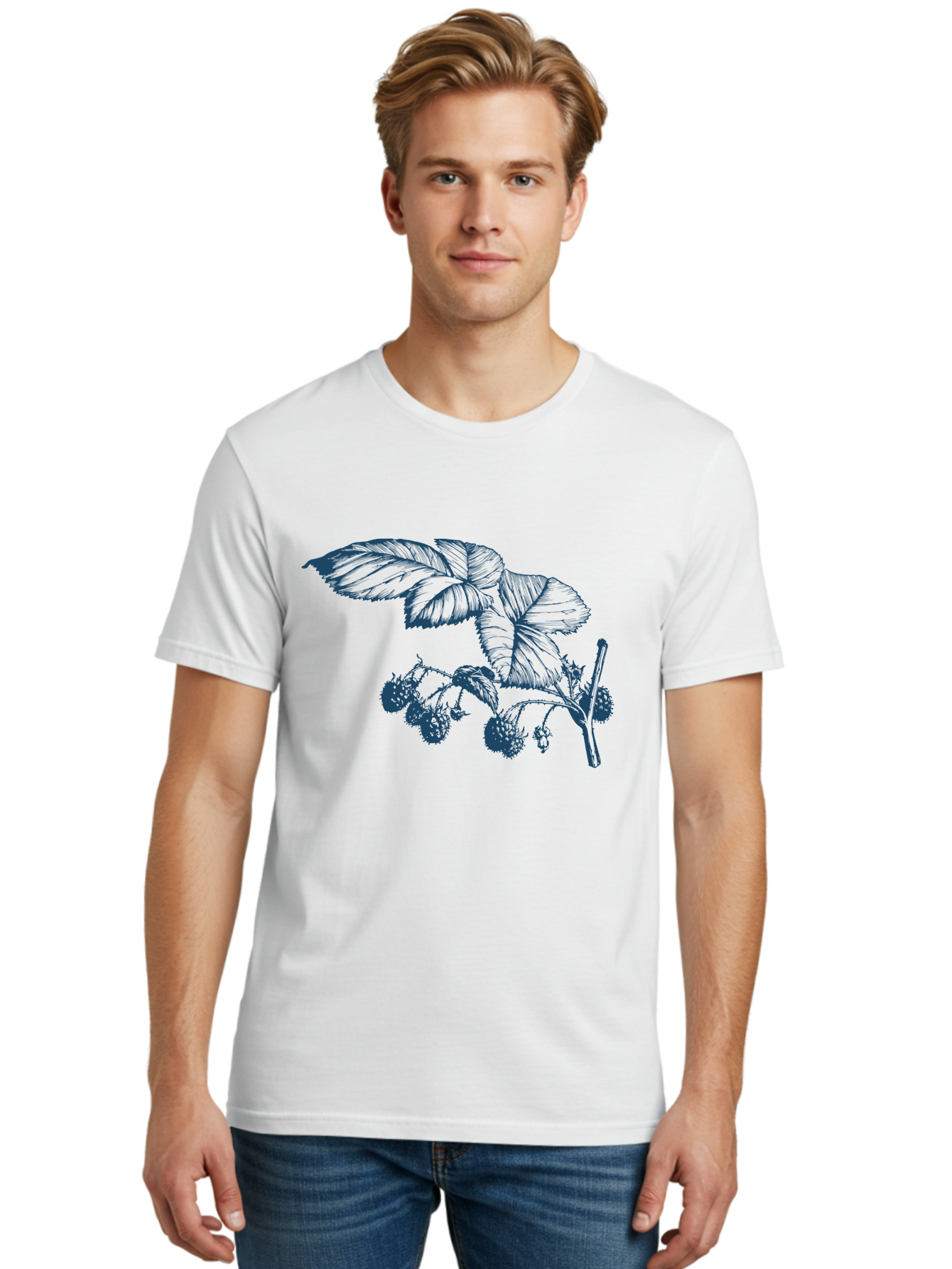 Vintage Berry Branch Men'S Graphic Tee, 100% Cotton, Comfortable Casual Summer Wear, Machine Washable, Blackberry Branch, Ripe Blackberries, Leaves And Fruit, Botanical Illustration, Detailed Drawing, Dark Blue Ink, Summer Harvest, Aae785 16