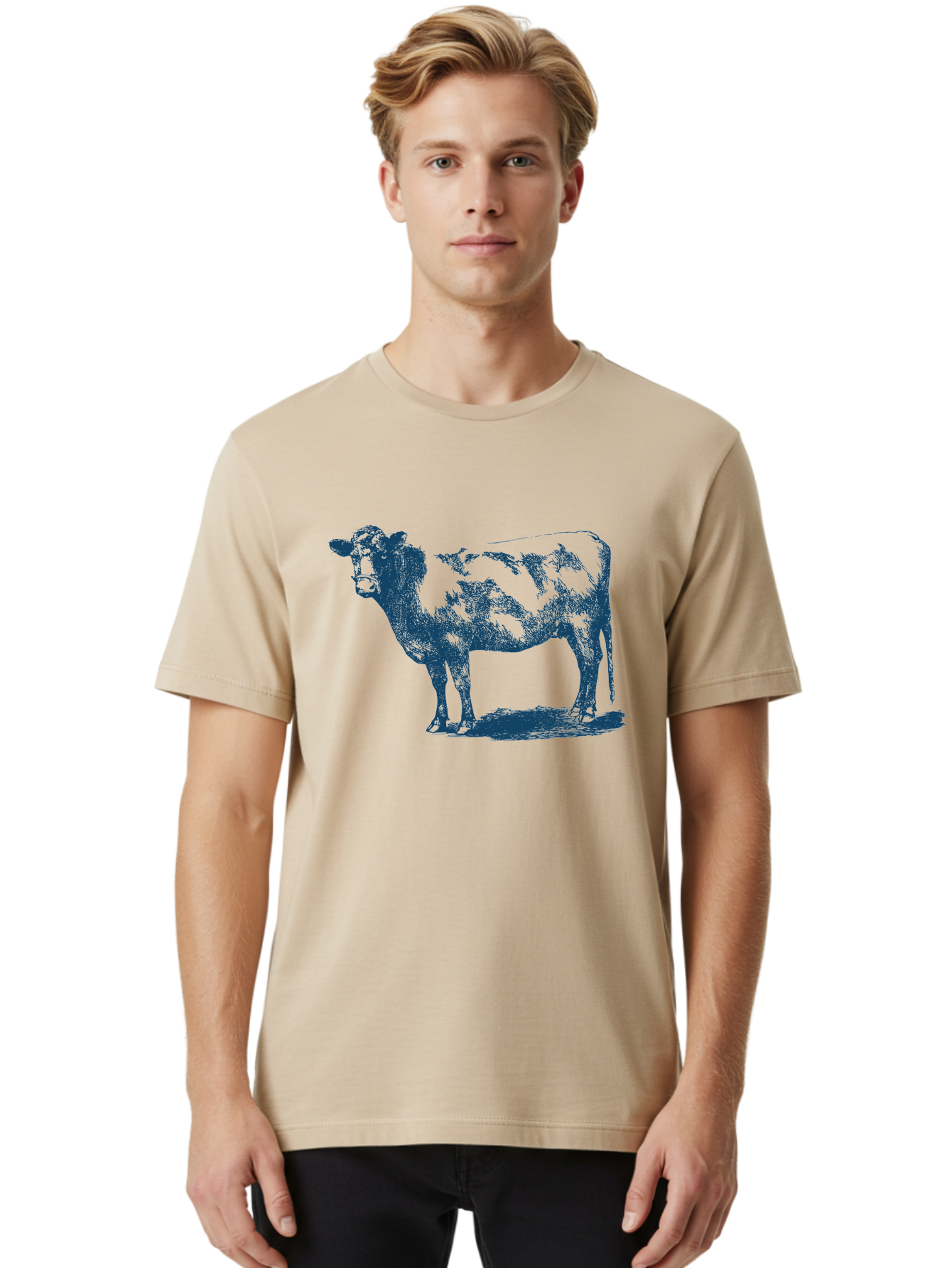 Vintage Farm Cow Men'S Graphic Tee, 100% Cotton, Comfortable Casual Summer Wear, Machine Washable, Illustration Of A Cow, Farm Animal, Livestock, Bovine, Agriculture, Rural Life, Countryside, Simple Art Aae794 24