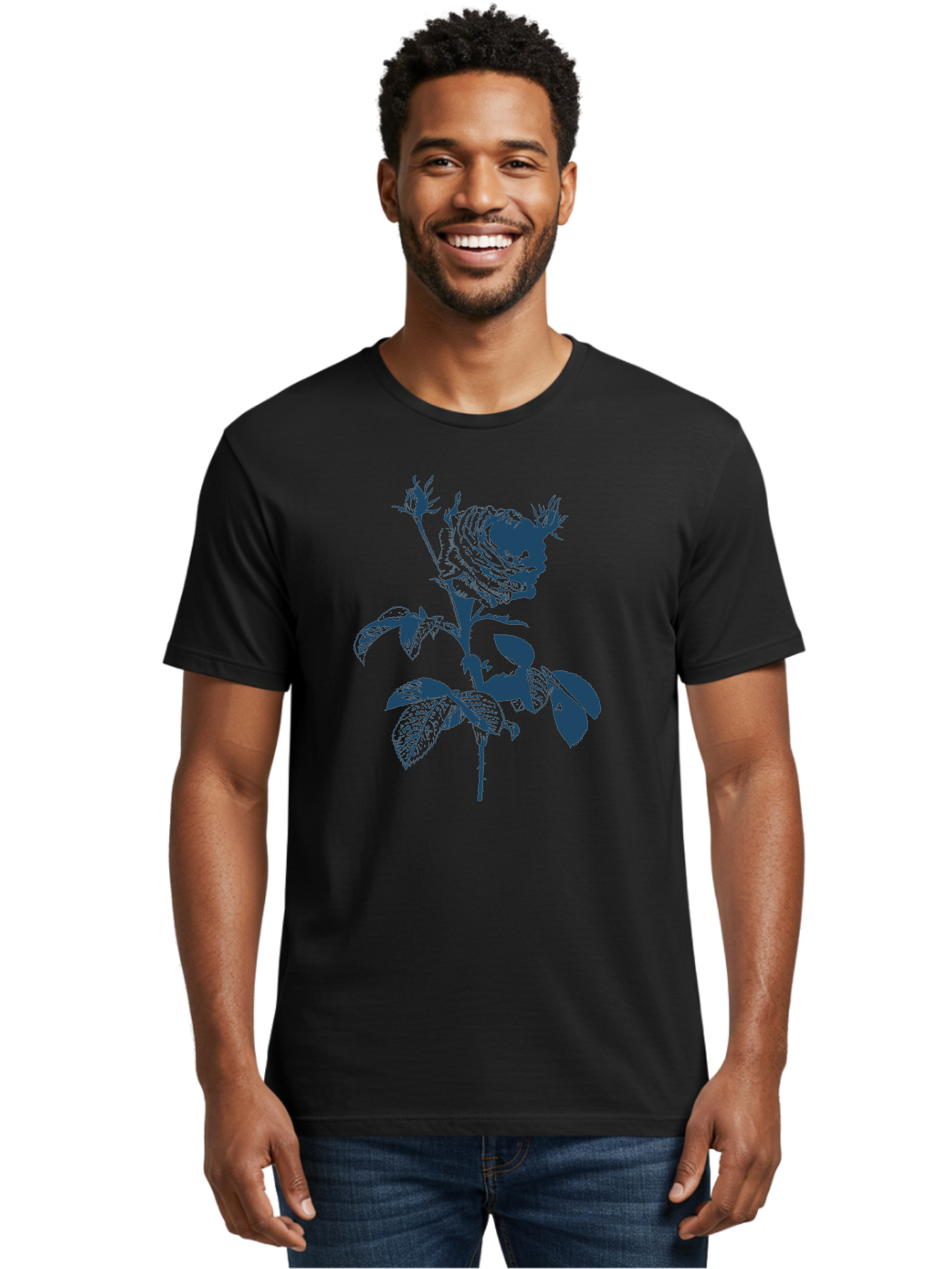 Vintage Garden Rose Men'S Graphic Tee, 100% Cotton, Comfortable Casual Summer Wear, Machine Washable, Rose With Leaves, Flower Illustration, Botanical Art, Dark Blue Rose, Floral Design, Leafy Stem, Nature-Inspired Graphics, Aae797 26