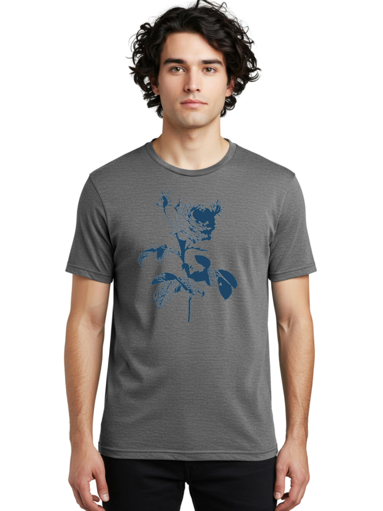 Vintage Garden Rose Men'S Graphic Tee, 100% Cotton, Comfortable Casual Summer Wear, Machine Washable, Rose With Leaves, Flower Illustration, Botanical Art, Dark Blue Rose, Floral Design, Leafy Stem, Nature-Inspired Graphics, Aae797 16