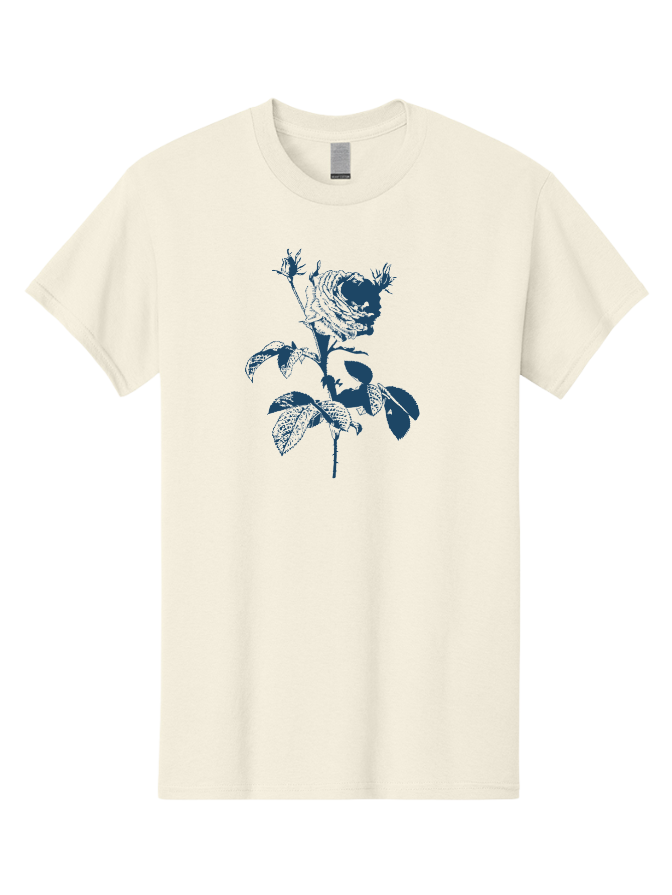 Vintage Garden Rose Men'S Graphic Tee, 100% Cotton, Comfortable Casual Summer Wear, Machine Washable, Rose With Leaves, Flower Illustration, Botanical Art, Dark Blue Rose, Floral Design, Leafy Stem, Nature-Inspired Graphics, Aae797 5