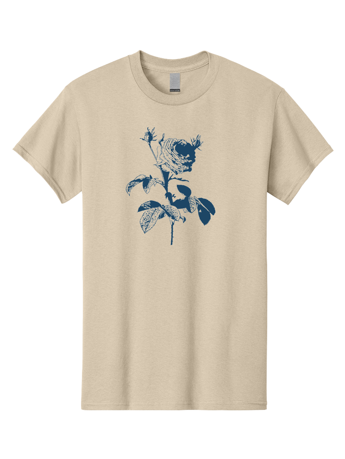 Vintage Garden Rose Men'S Graphic Tee, 100% Cotton, Comfortable Casual Summer Wear, Machine Washable, Rose With Leaves, Flower Illustration, Botanical Art, Dark Blue Rose, Floral Design, Leafy Stem, Nature-Inspired Graphics, Aae797 21