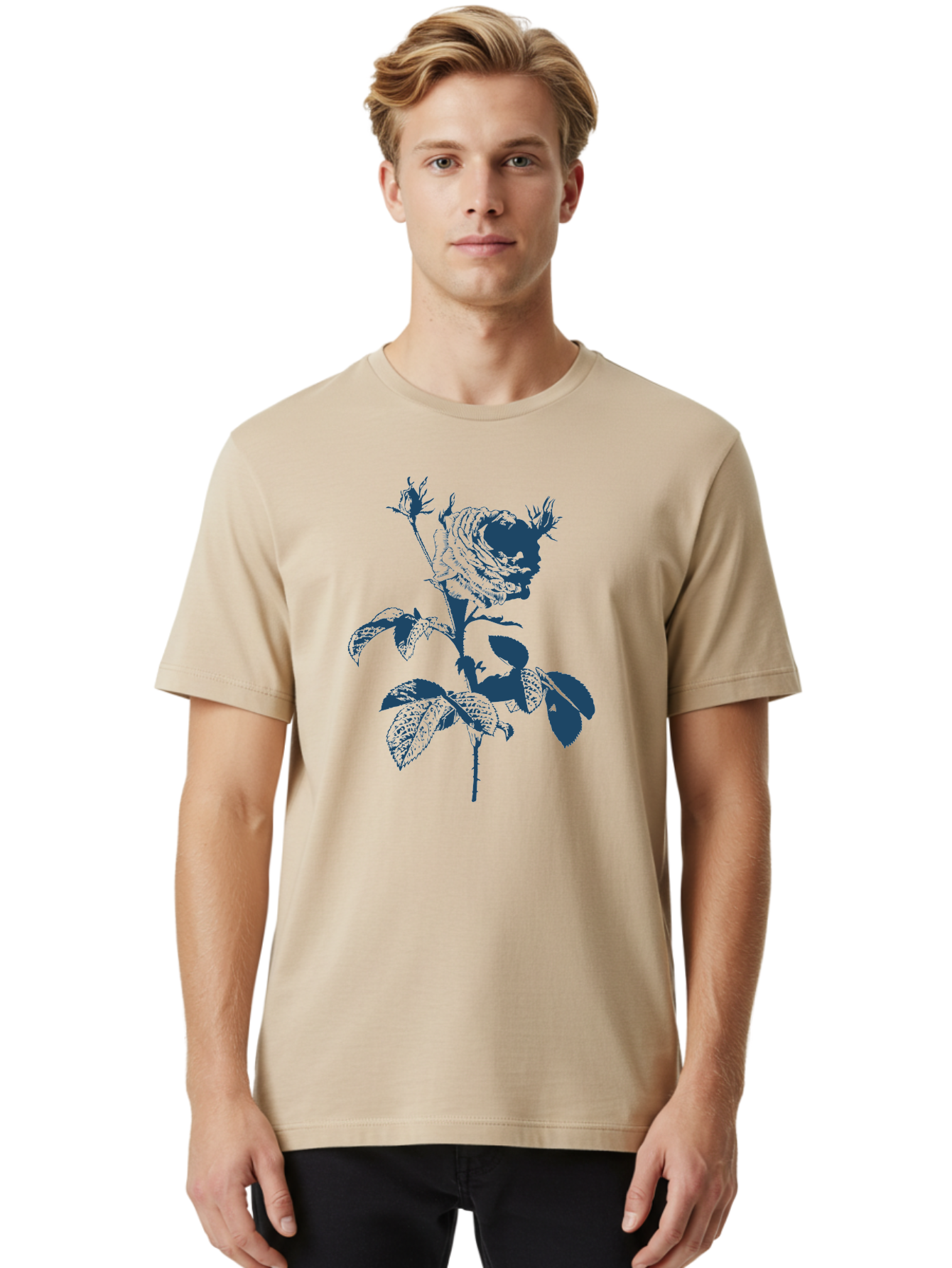 Vintage Garden Rose Men'S Graphic Tee, 100% Cotton, Comfortable Casual Summer Wear, Machine Washable, Rose With Leaves, Flower Illustration, Botanical Art, Dark Blue Rose, Floral Design, Leafy Stem, Nature-Inspired Graphics, Aae797 22