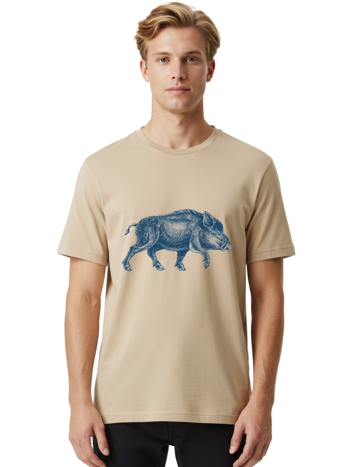 Vintage Hog Sketch Men'S Graphic Tee, 100% Cotton, Comfortable Casual Summer Wear, Machine Washable, Wild Boar, Boar Illustration, Animal Art, Wildlife Graphic, Cross-Hatching Technique, Farm Animals, Pig Silhouette, Artistic Design Aae800 20