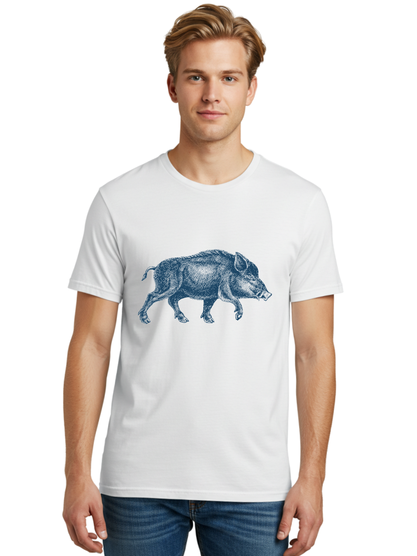 Vintage Hog Sketch Men'S Graphic Tee, 100% Cotton, Comfortable Casual Summer Wear, Machine Washable, Wild Boar, Boar Illustration, Animal Art, Wildlife Graphic, Cross-Hatching Technique, Farm Animals, Pig Silhouette, Artistic Design Aae800 24