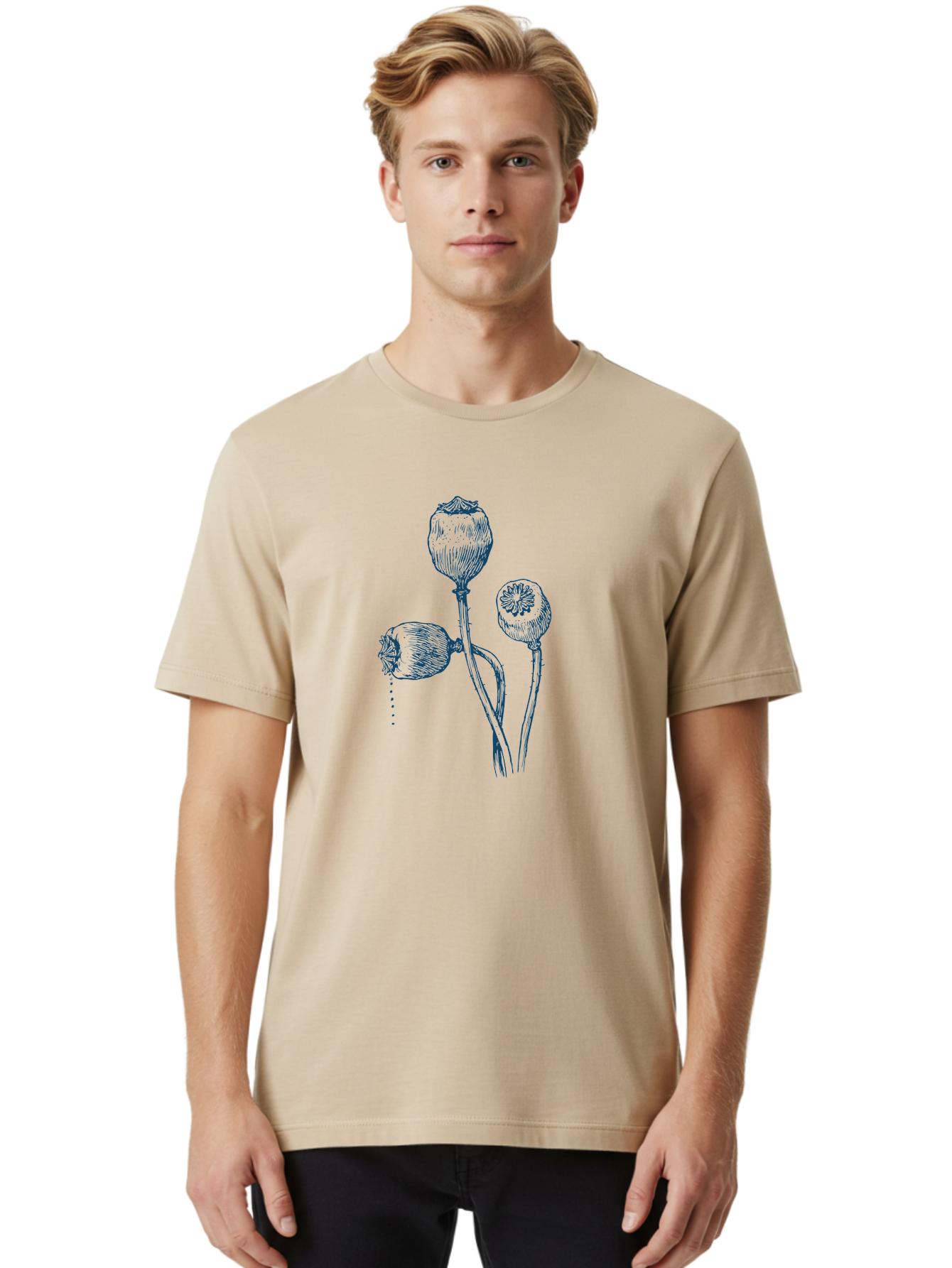 Vintage Poppy Stems Men'S Graphic Tee, 100% Cotton, Comfortable Casual Summer Wear, Machine Washable, Poppy Pods, Dried Flowers, Botanical Illustration, Black Ink Drawing, Poppy Seeds, Herbal Art, Natural Remedies, Sketchy Style, Aae807 28