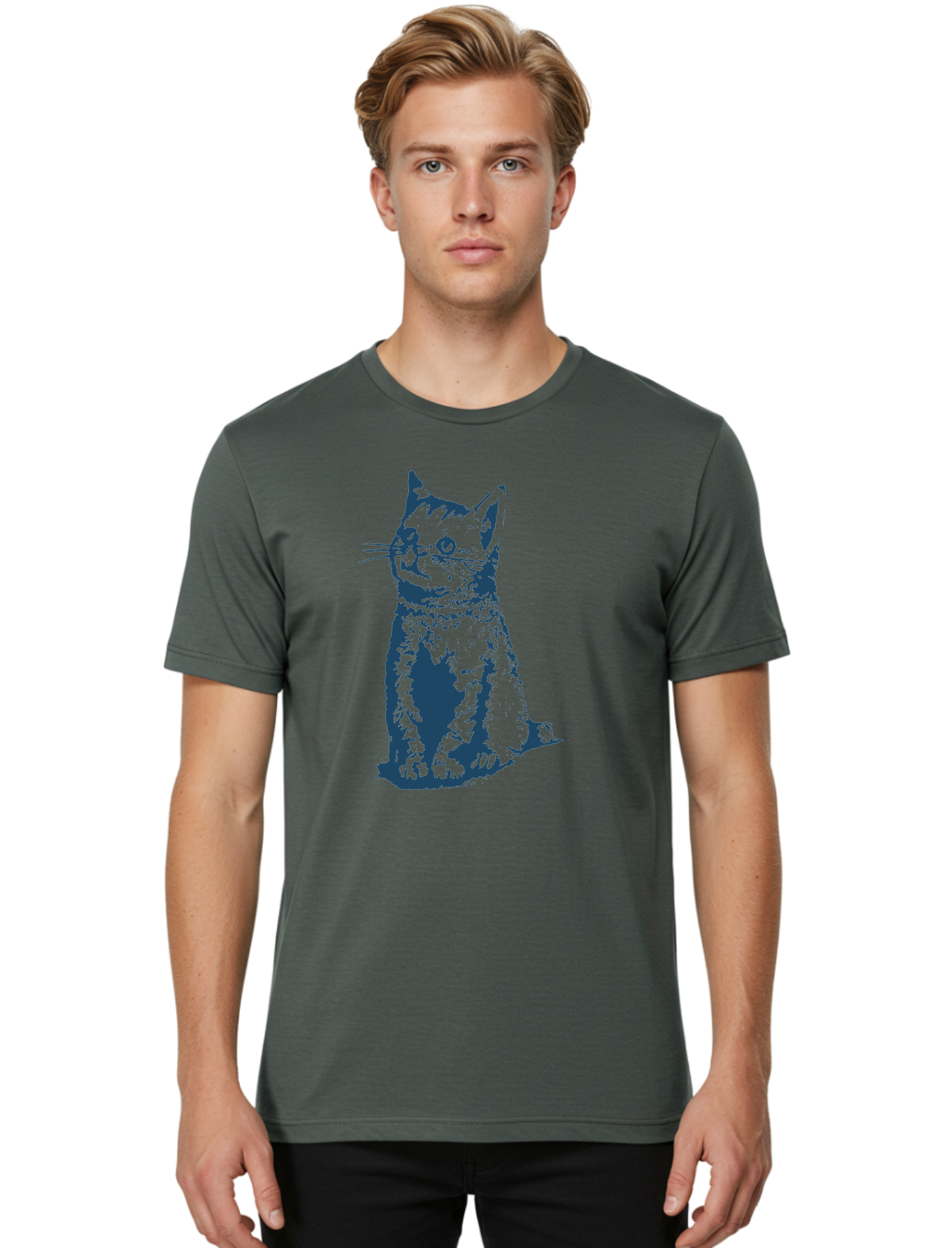 Vintage Sitting Cat Men'S Graphic Tee, 100% Cotton, Comfortable Casual Summer Wear, Machine Washable, Cat Illustration, Feline Artwork, Blue Cat On Green, Sitting Cat, Cat Portrait, Cat Graphics, Digital Cat Art, Cute Cat, Cat Design Aae810 12