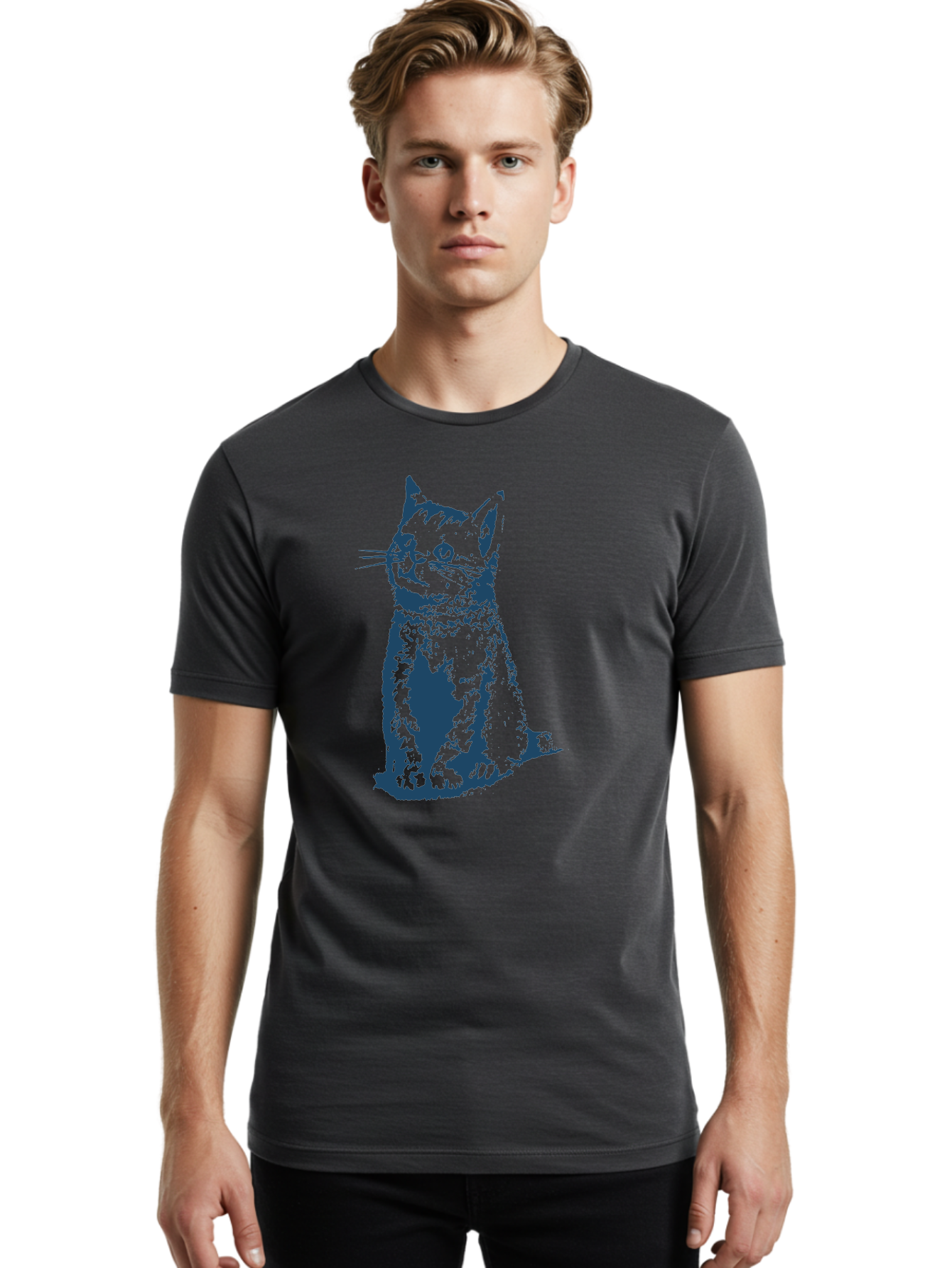 Vintage Sitting Cat Men'S Graphic Tee, 100% Cotton, Comfortable Casual Summer Wear, Machine Washable, Cat Illustration, Feline Artwork, Blue Cat On Green, Sitting Cat, Cat Portrait, Cat Graphics, Digital Cat Art, Cute Cat, Cat Design Aae810 18
