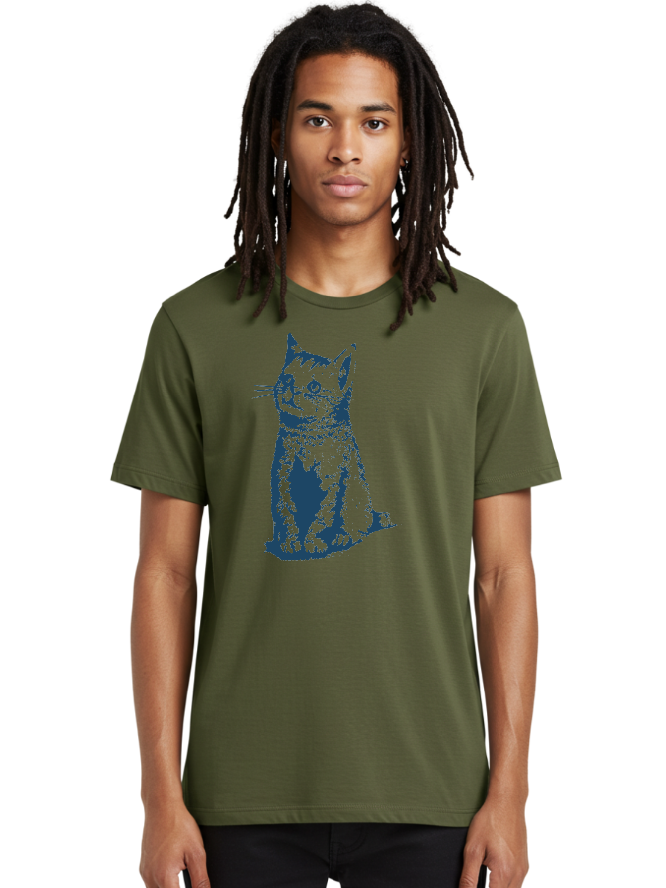 Vintage Sitting Cat Men'S Graphic Tee, 100% Cotton, Comfortable Casual Summer Wear, Machine Washable, Cat Illustration, Feline Artwork, Blue Cat On Green, Sitting Cat, Cat Portrait, Cat Graphics, Digital Cat Art, Cute Cat, Cat Design Aae810 30