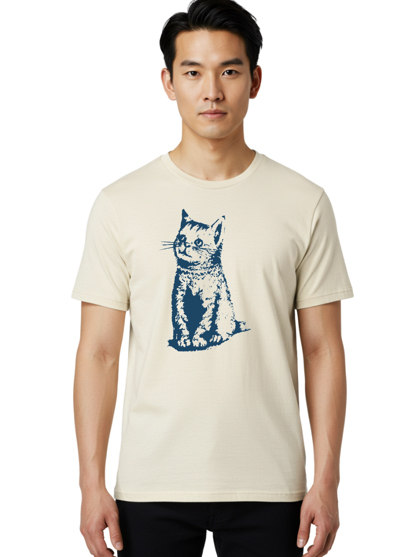 Vintage Sitting Cat Men'S Graphic Tee, 100% Cotton, Comfortable Casual Summer Wear, Machine Washable, Cat Illustration, Feline Artwork, Blue Cat On Green, Sitting Cat, Cat Portrait, Cat Graphics, Digital Cat Art, Cute Cat, Cat Design Aae810 14