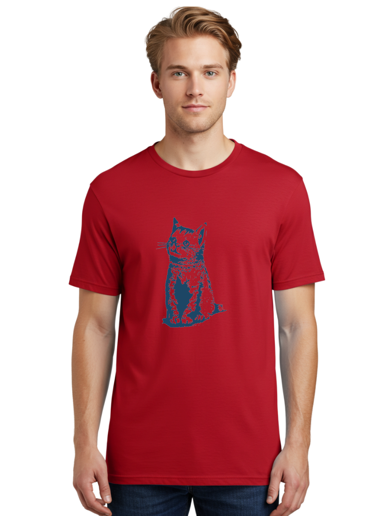 Vintage Sitting Cat Men'S Graphic Tee, 100% Cotton, Comfortable Casual Summer Wear, Machine Washable, Cat Illustration, Feline Artwork, Blue Cat On Green, Sitting Cat, Cat Portrait, Cat Graphics, Digital Cat Art, Cute Cat, Cat Design Aae810 16