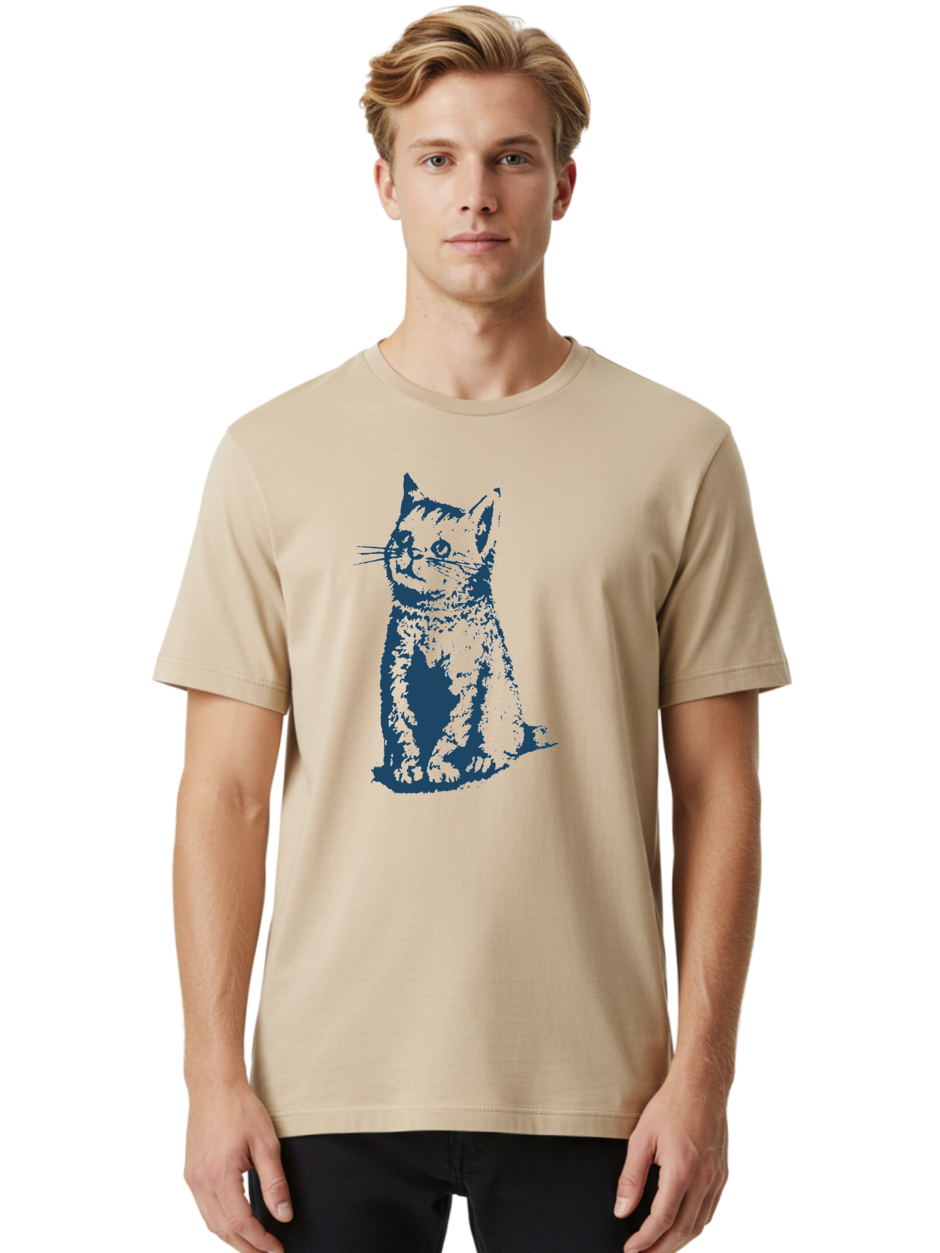 Vintage Sitting Cat Men'S Graphic Tee, 100% Cotton, Comfortable Casual Summer Wear, Machine Washable, Cat Illustration, Feline Artwork, Blue Cat On Green, Sitting Cat, Cat Portrait, Cat Graphics, Digital Cat Art, Cute Cat, Cat Design Aae810 28